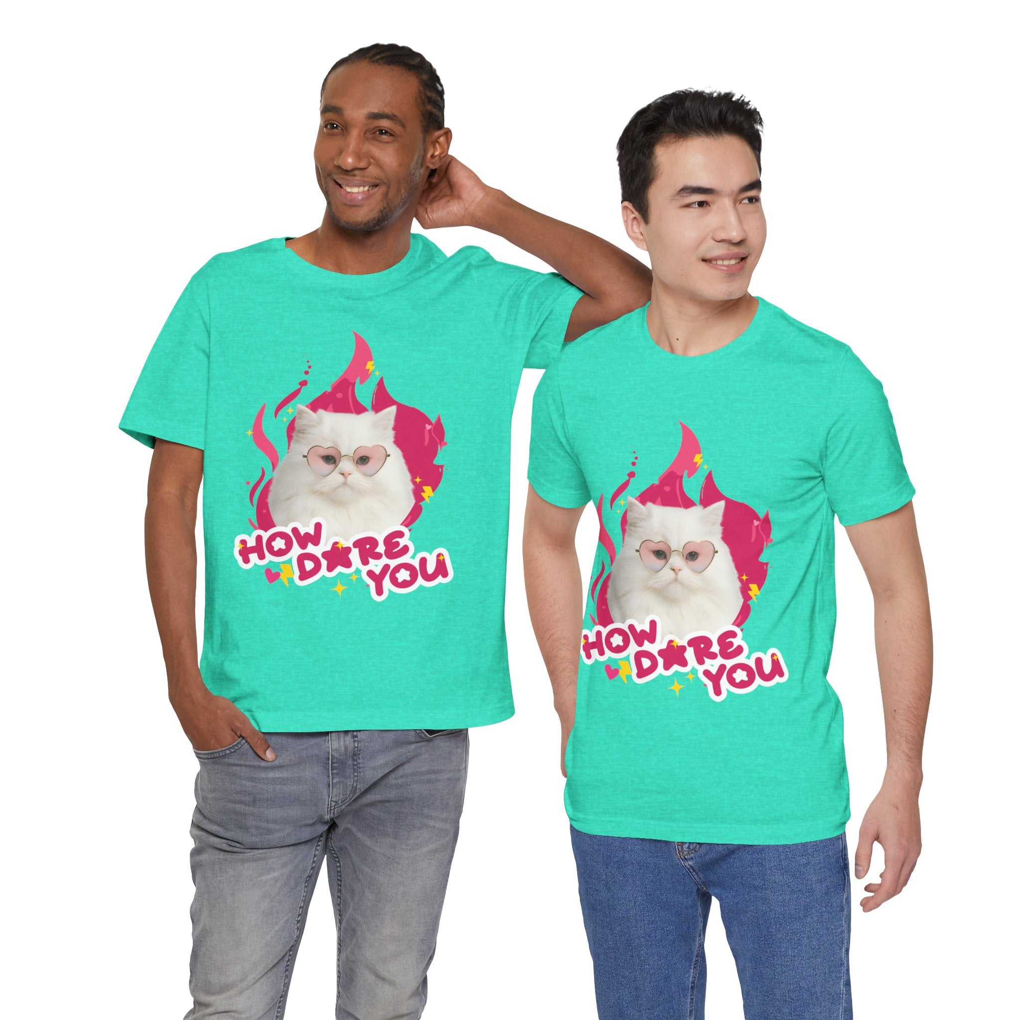 Two men wearing matching teal t-shirts with a cat graphic and text on a white background