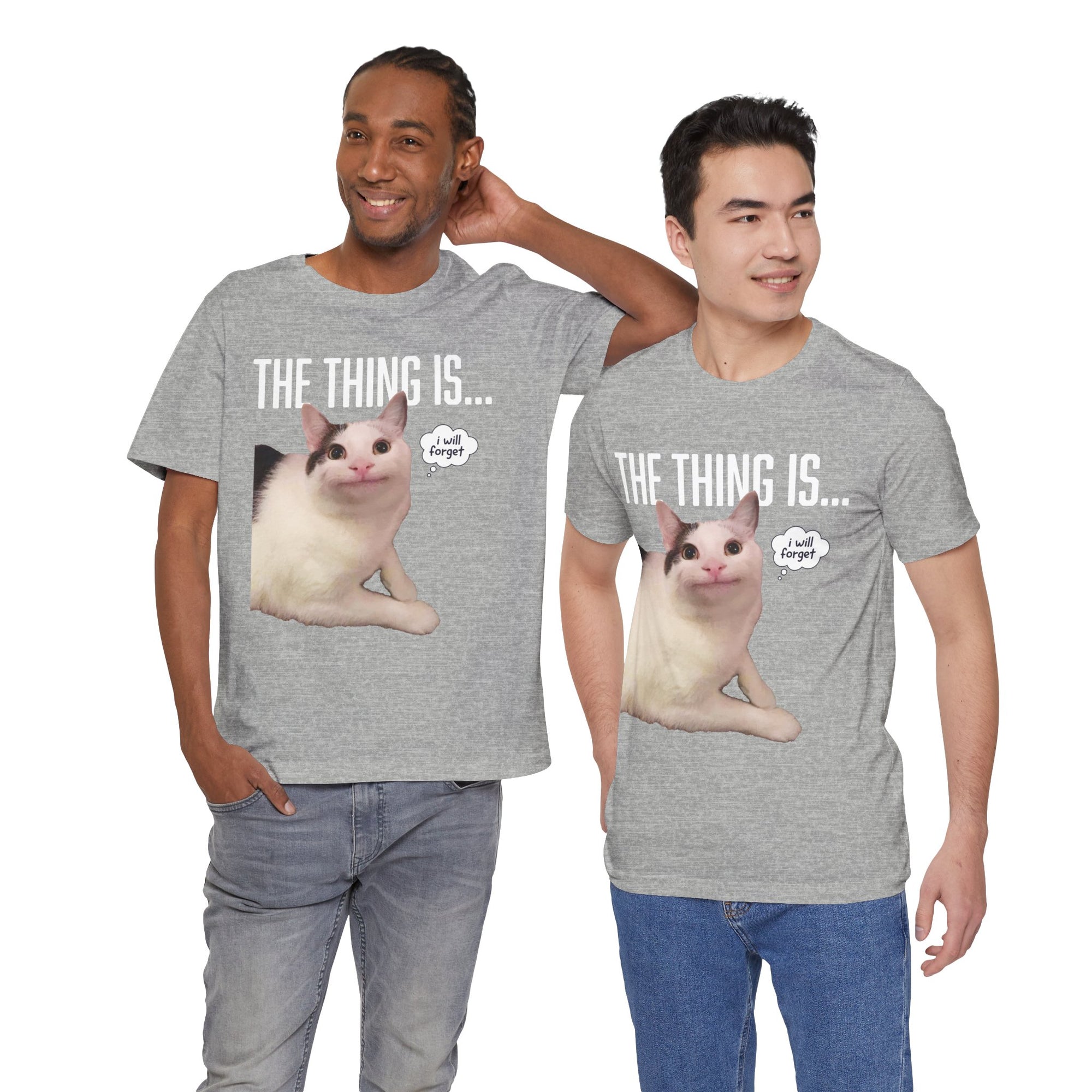 Two men wearing gray t-shirts with a cat graphic and text.
