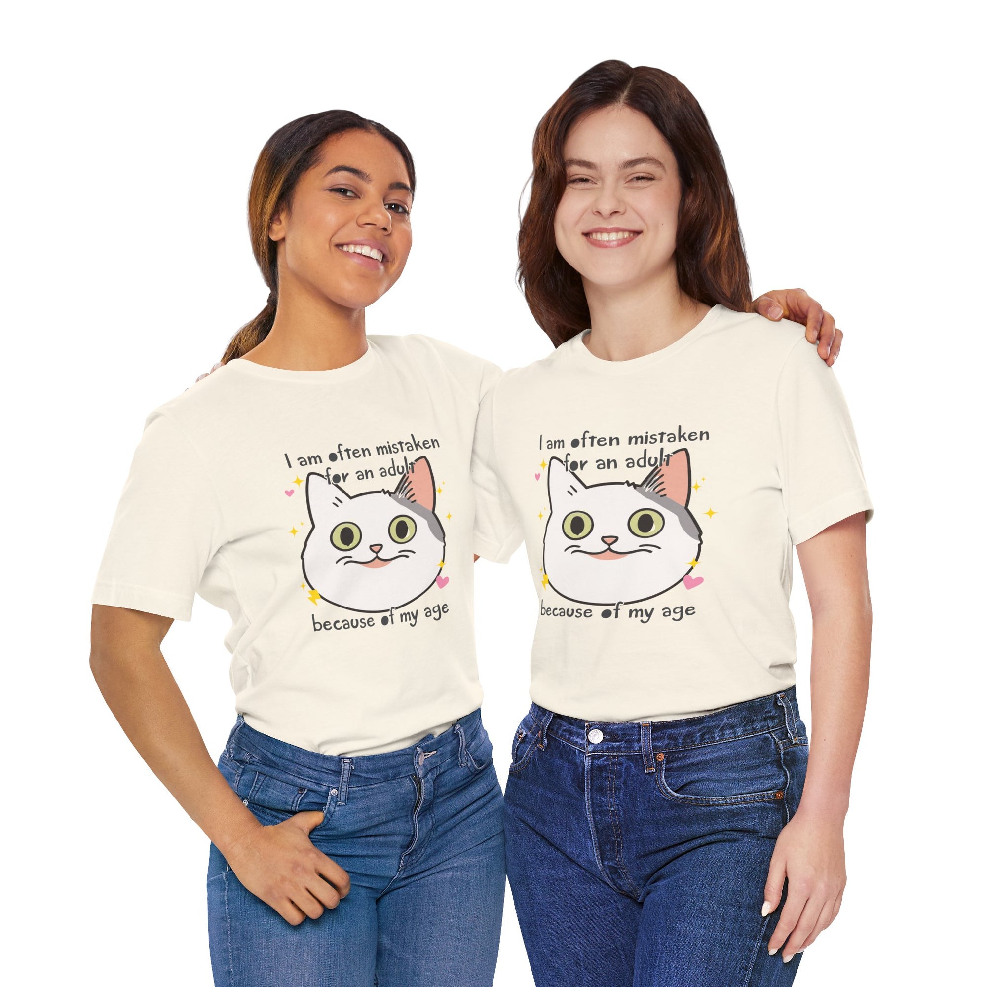 Two women wearing white t-shirts with colorful designs on a white background