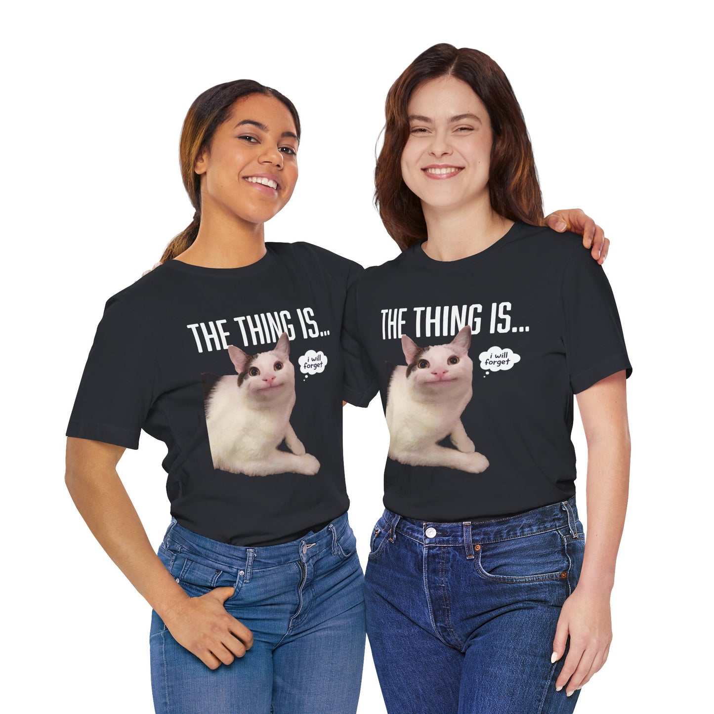 Two people wearing black t-shirts with a cat graphic and text on a white background