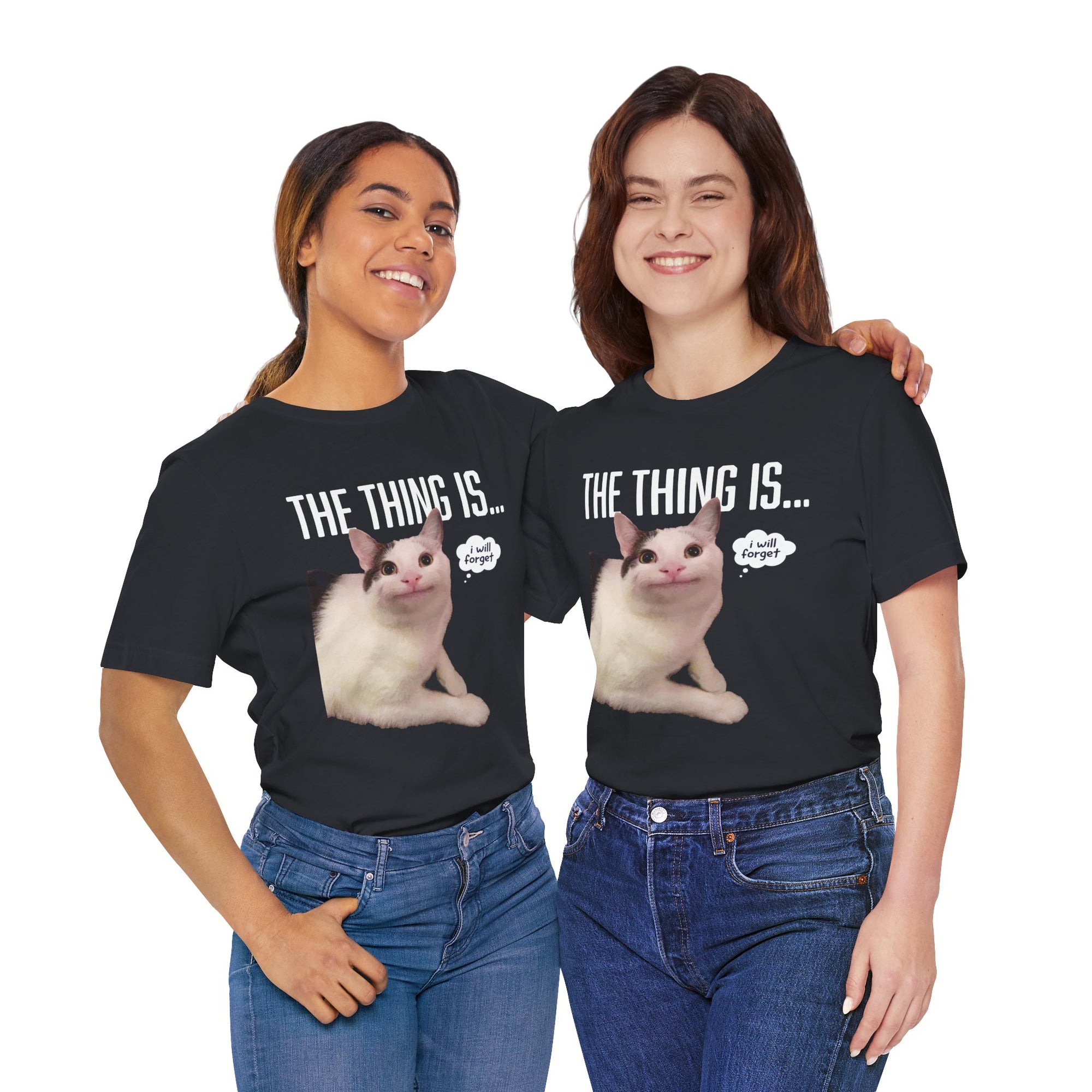Two people wearing black t-shirts with a cat graphic and text on a white background