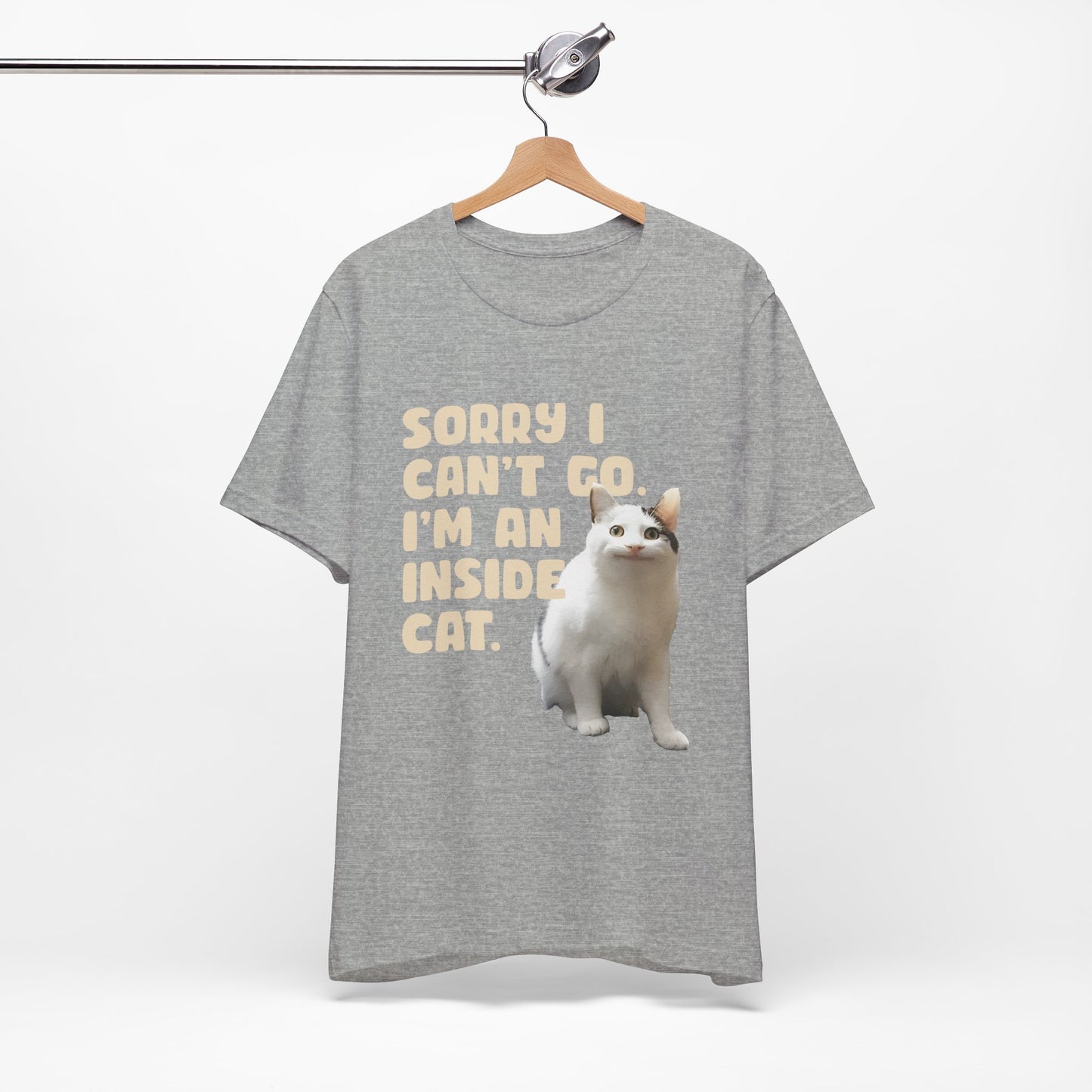 Gray t-shirt with a cat graphic and text on a hanger against a white background