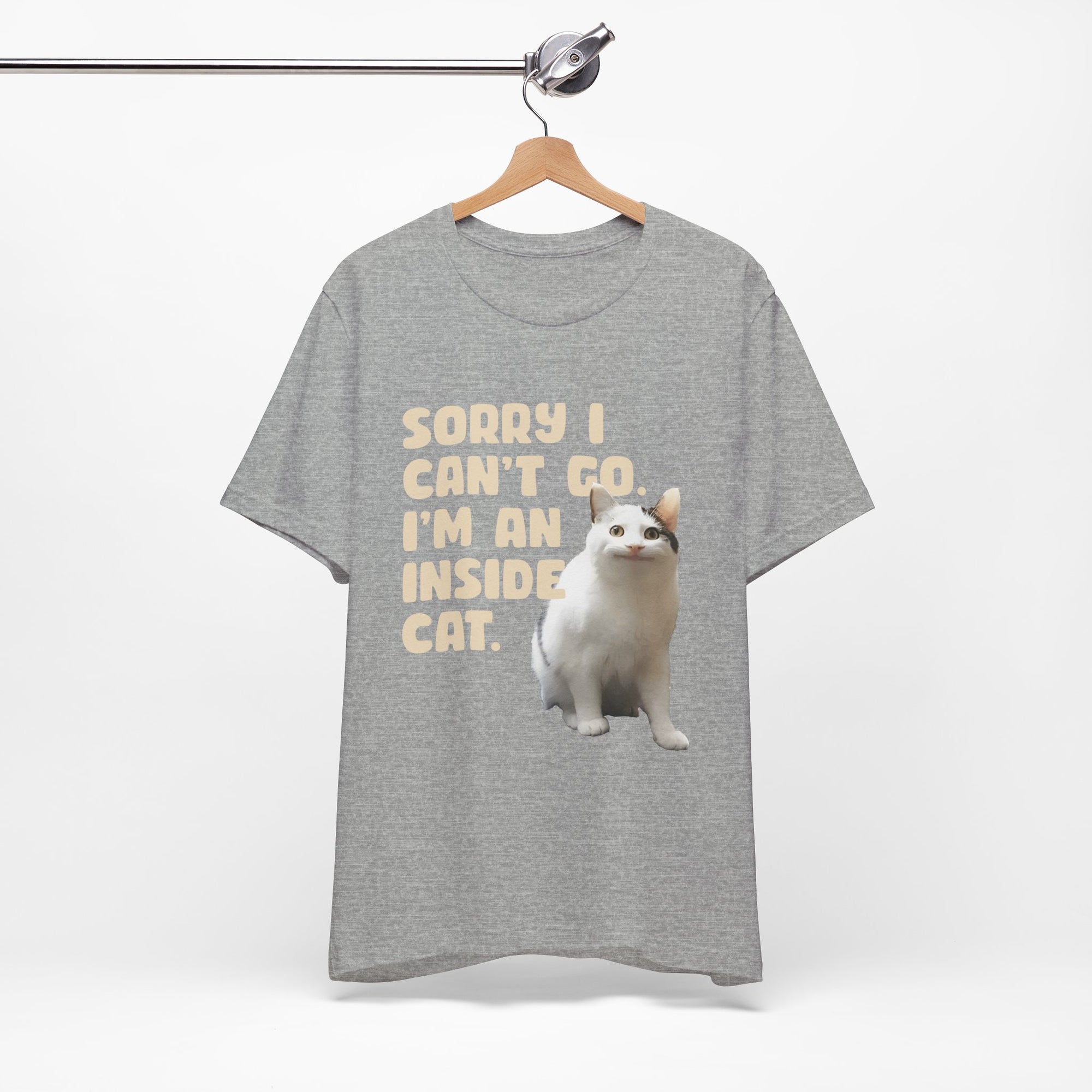 Gray t-shirt with a cat graphic and text on a hanger against a white background