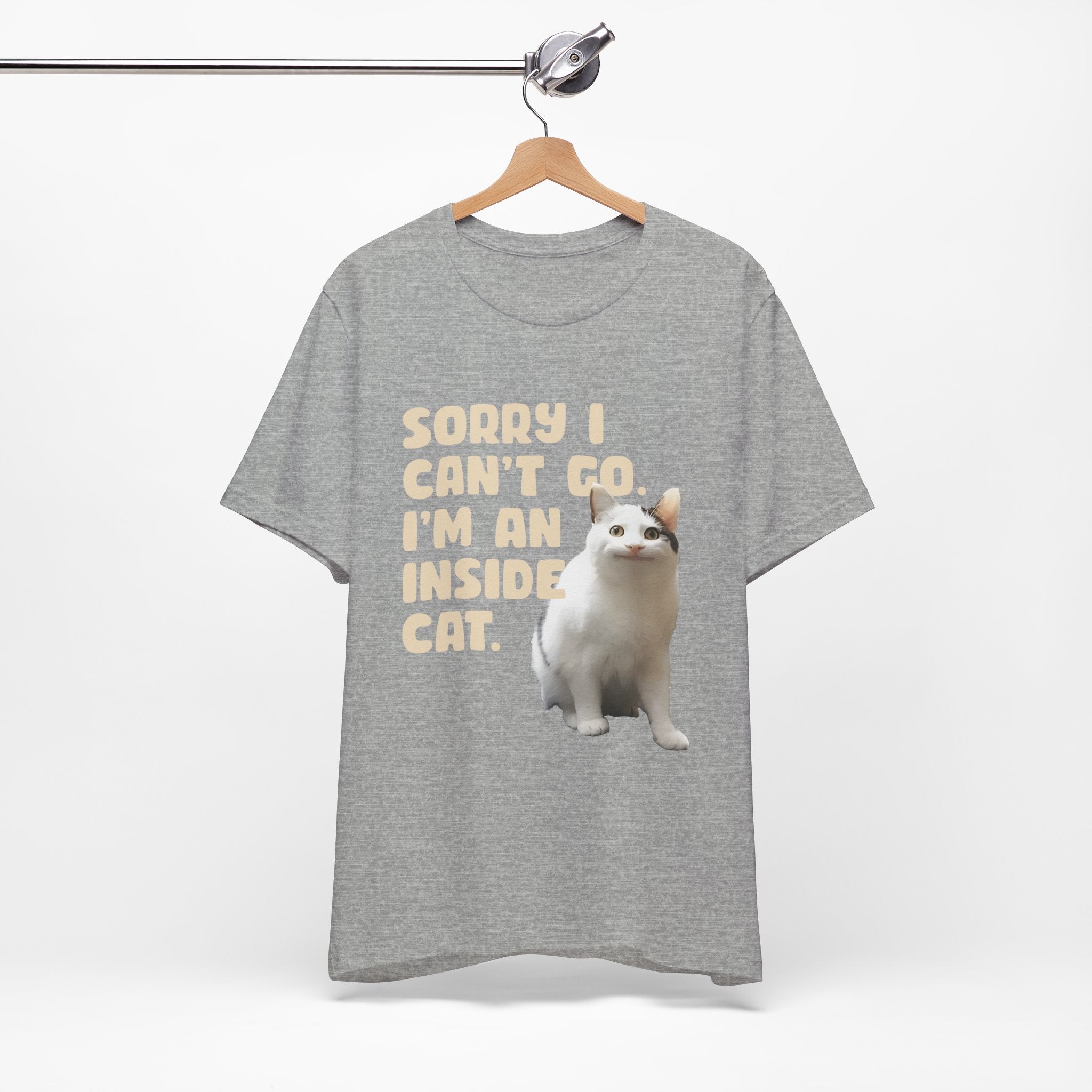 Gray t-shirt with a cat graphic and text on a hanger against a white background