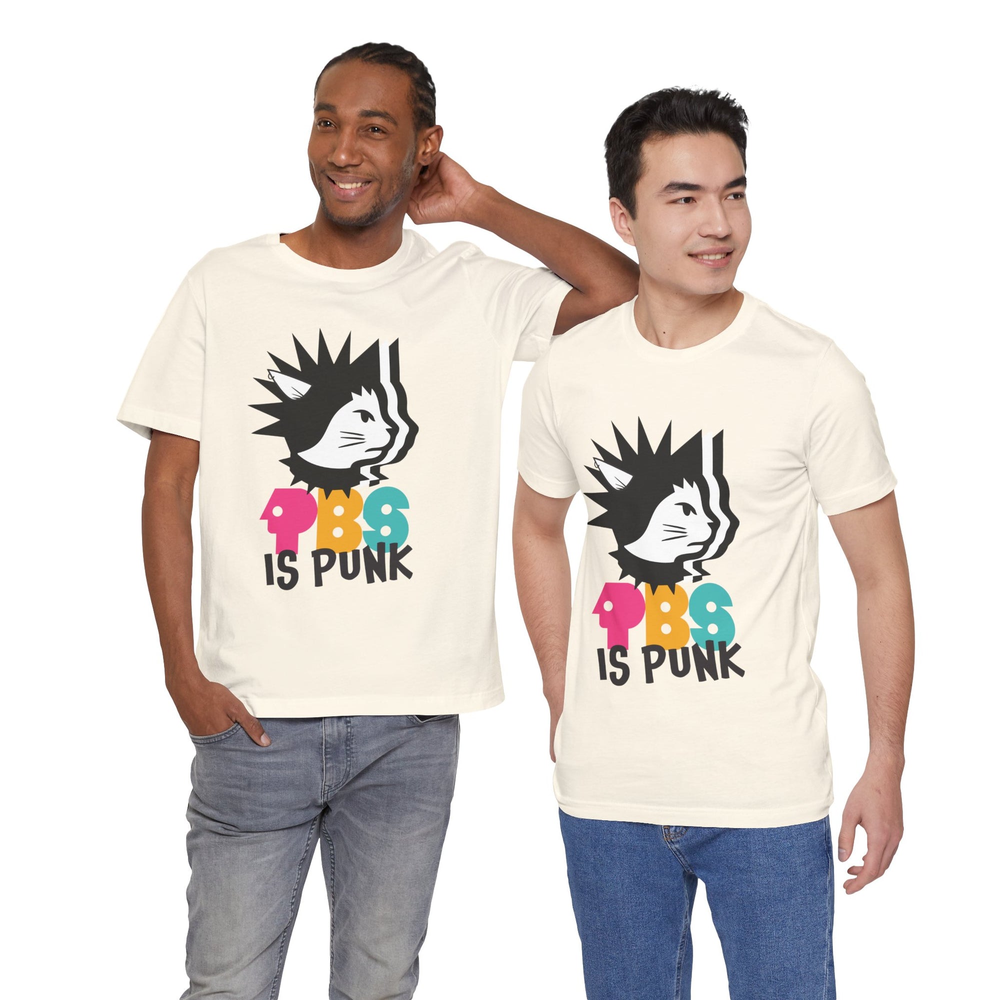Two men wearingt-shirt featuring a punk-style black cat graphic with colorful letters spelling “PBG” and black text that says “Is Punk.”
