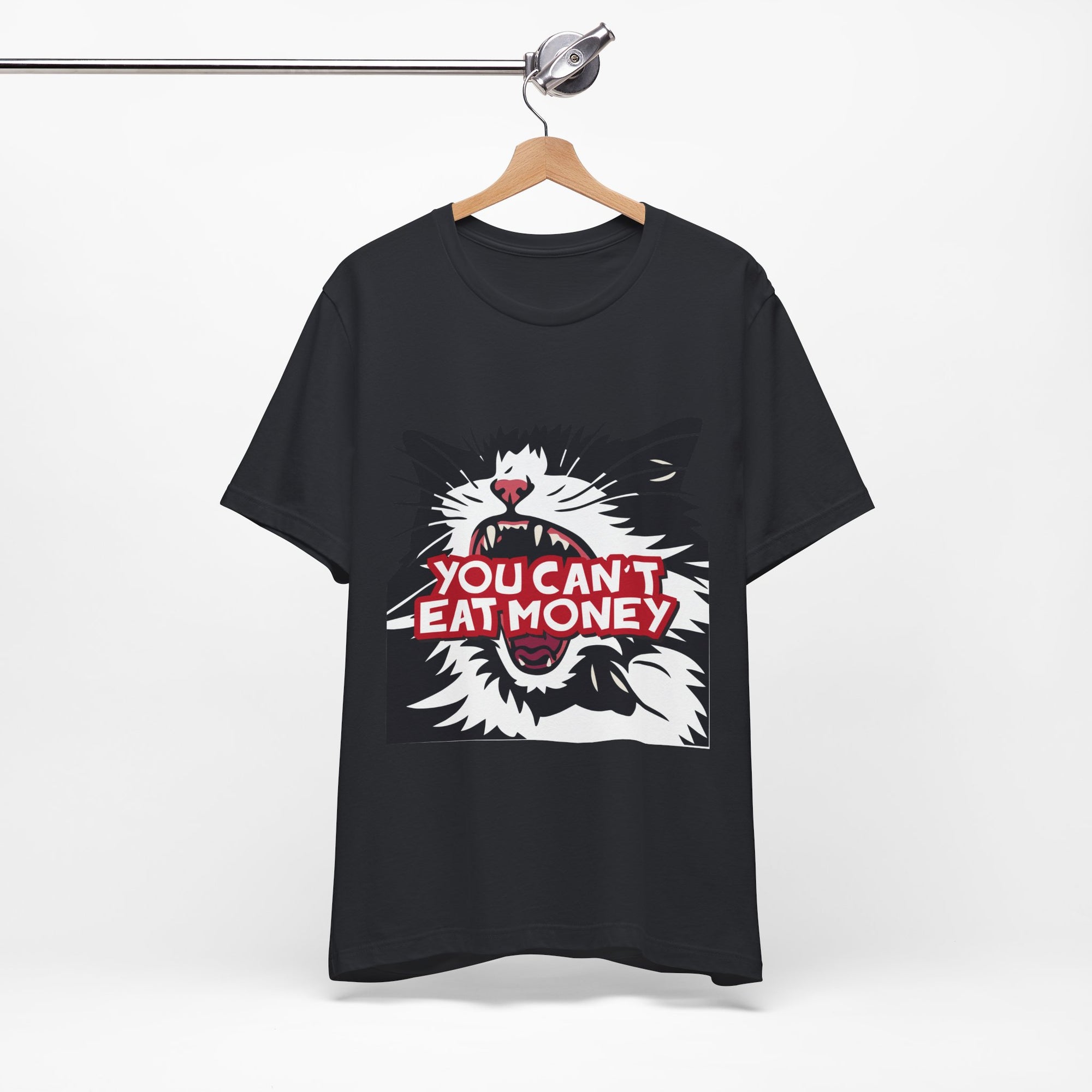 black t-shirt featuring a bold black, white, and red angry cat graphic with the phrase “You Can’t Eat Money.”
