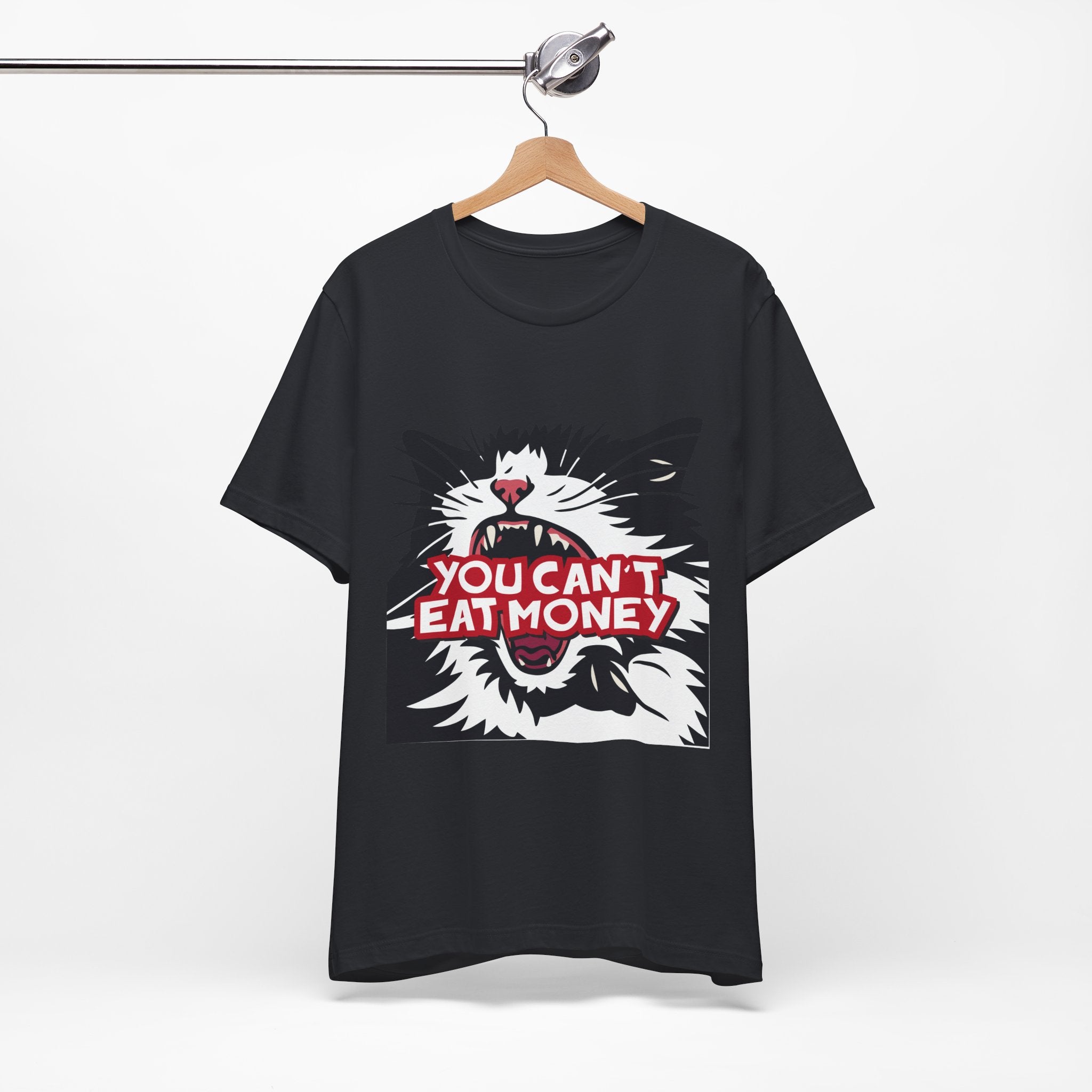 black t-shirt featuring a bold black, white, and red angry cat graphic with the phrase “You Can’t Eat Money.”
