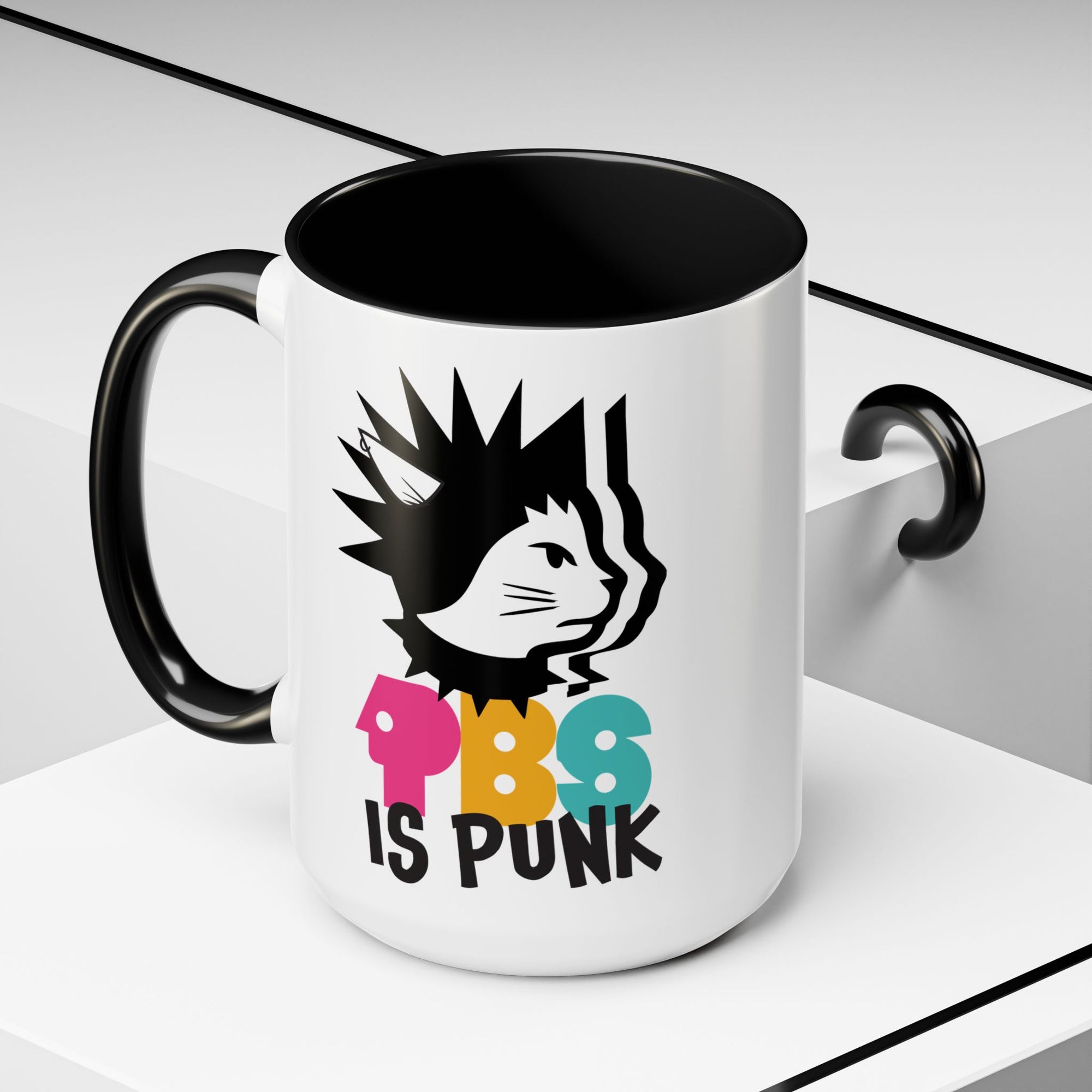 Mug with a graphic design of a cat and text 'PBS is Punk' on a white background