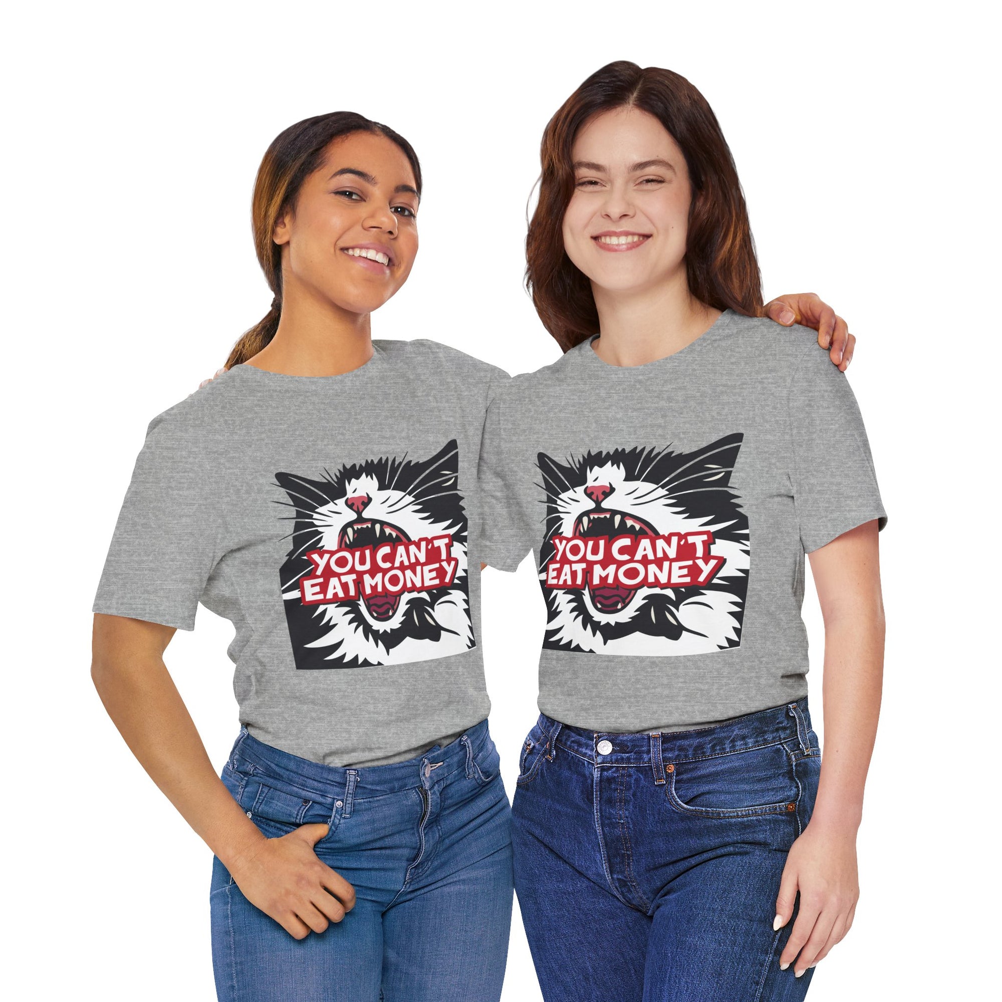 Two people wearing gray t-shirts with a cat graphic and text on a white background