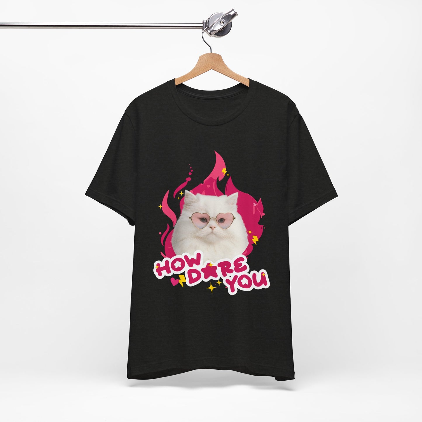 Black t-shirt with a cat graphic and text 'How dare you' on a hanger against a white background