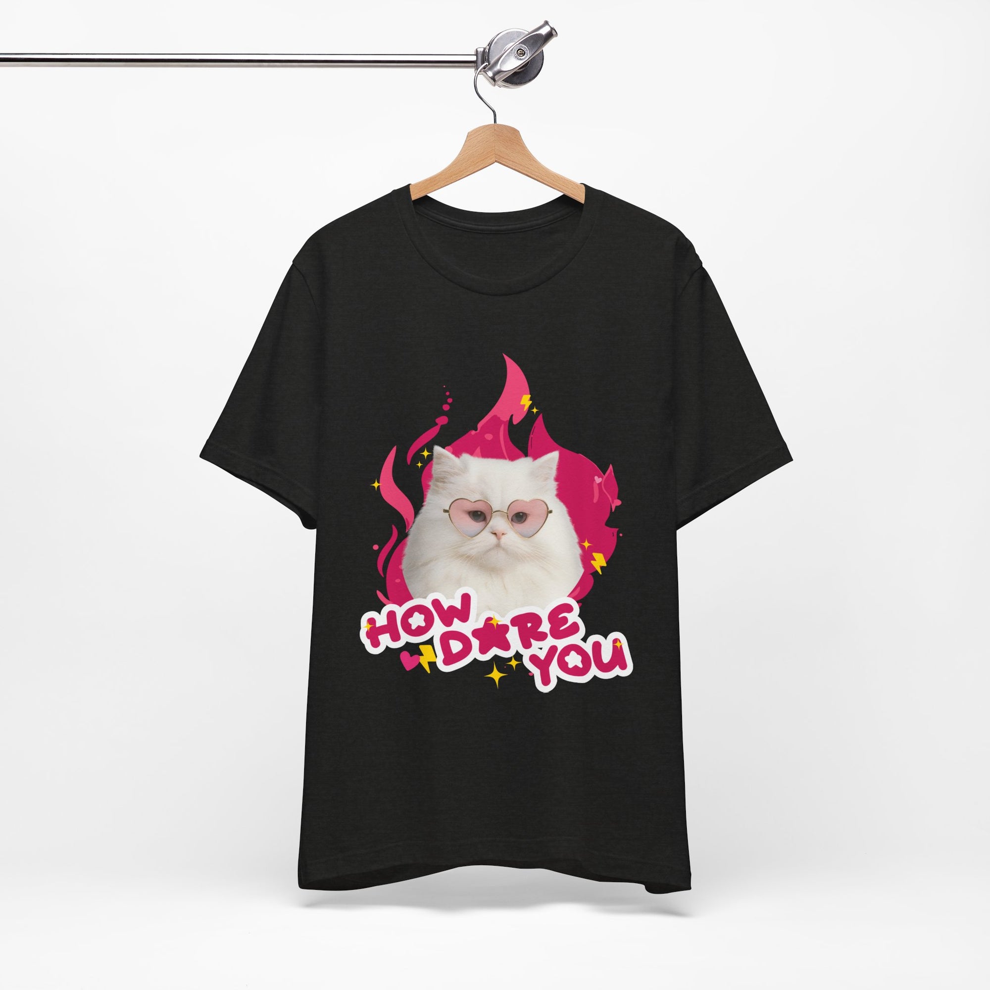 Black t-shirt with a cat graphic and text 'How dare you' on a hanger against a white background