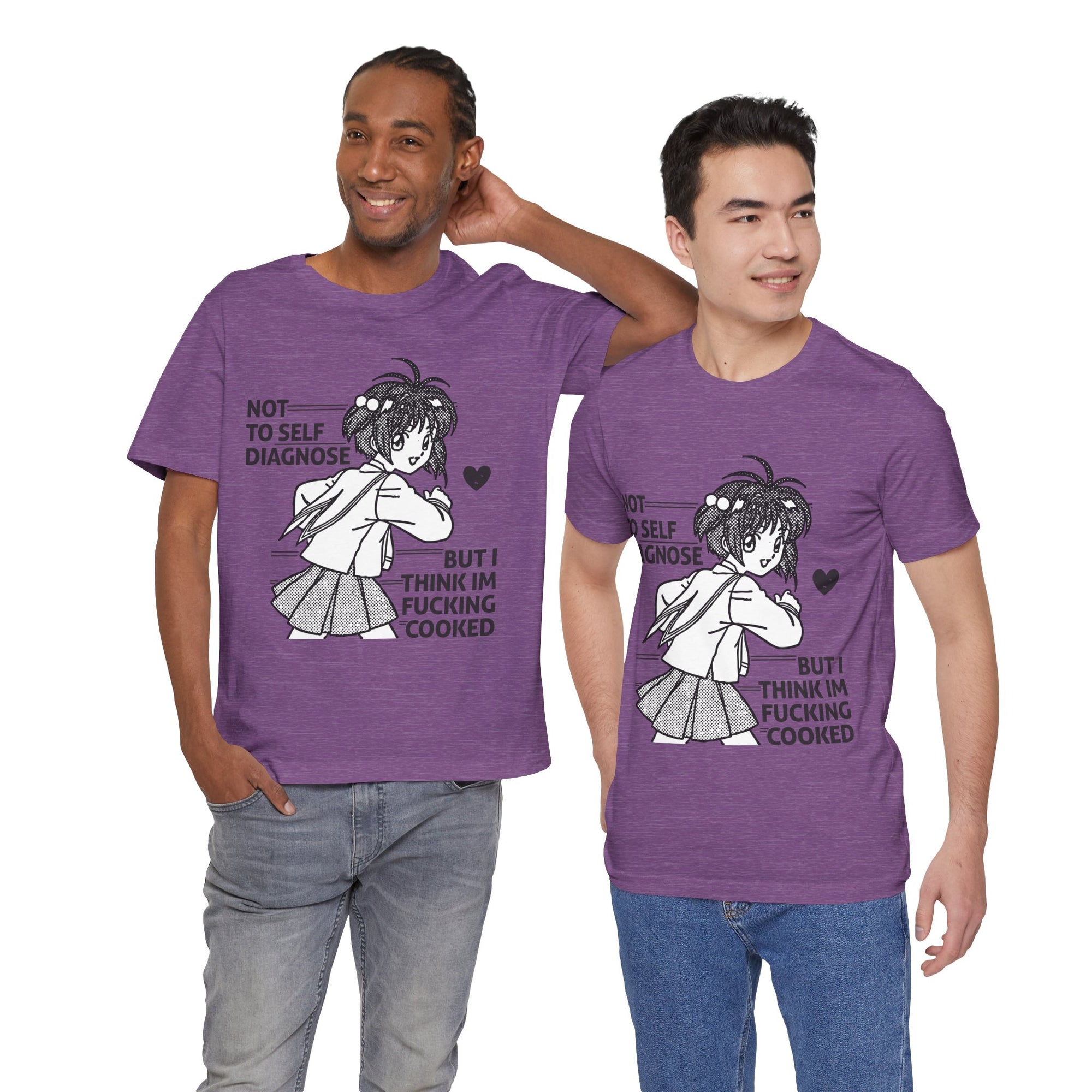 Two men wearing purple t-shirts with a graphic design and text.