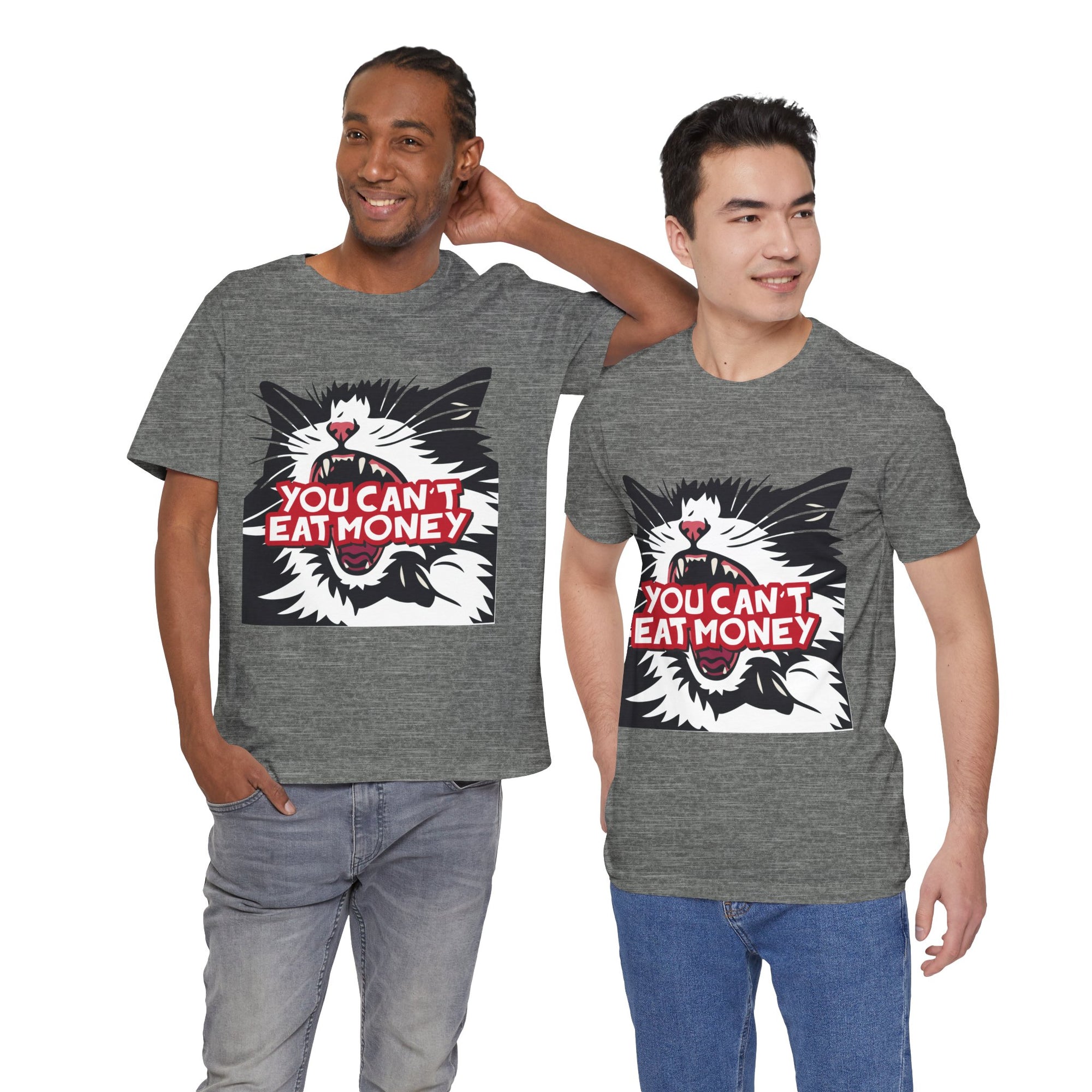 Two men wearing gray t-shirts with a cat graphic and text on a white background