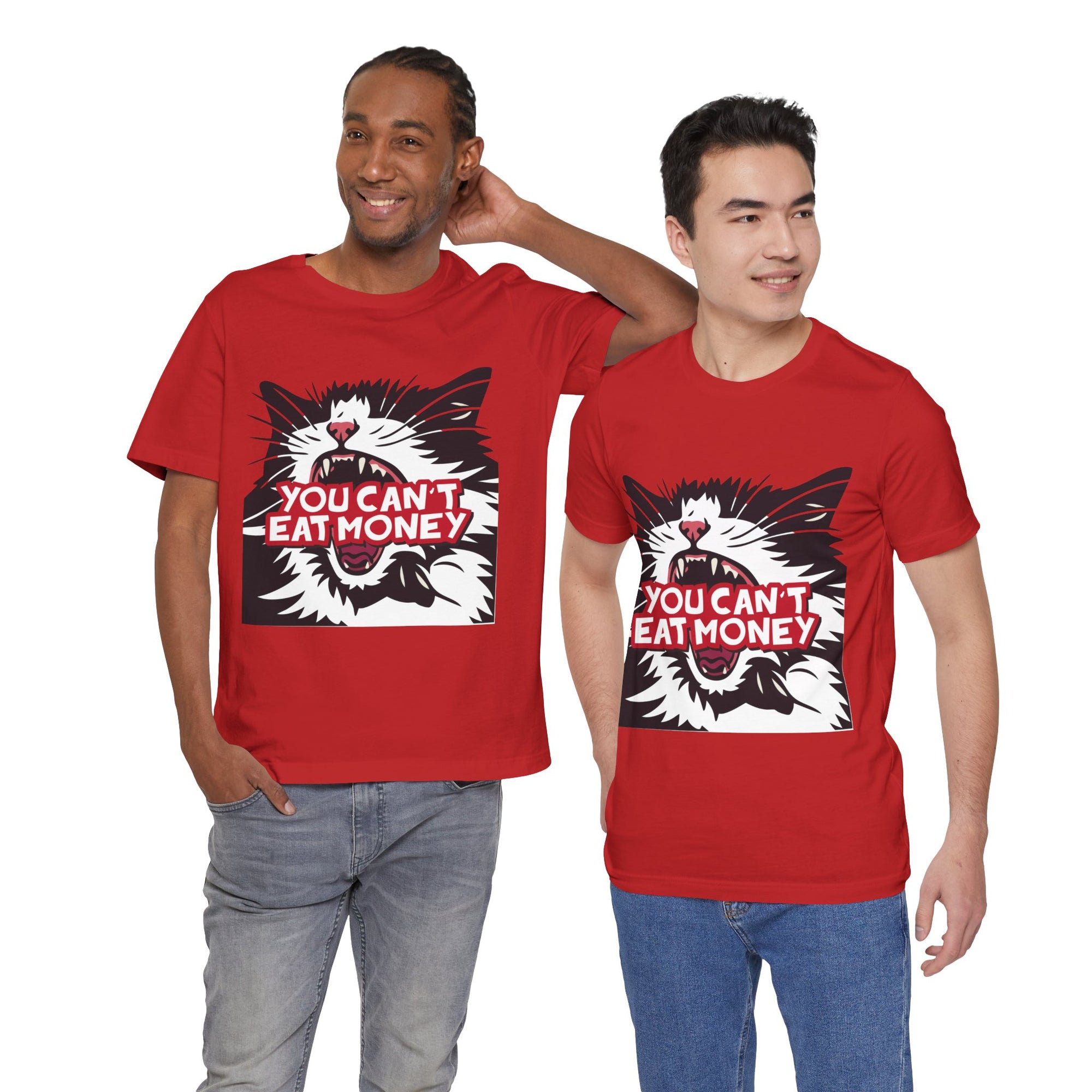 Two people wearing red t-shirts with a graphic of a cat and text, on a white background.