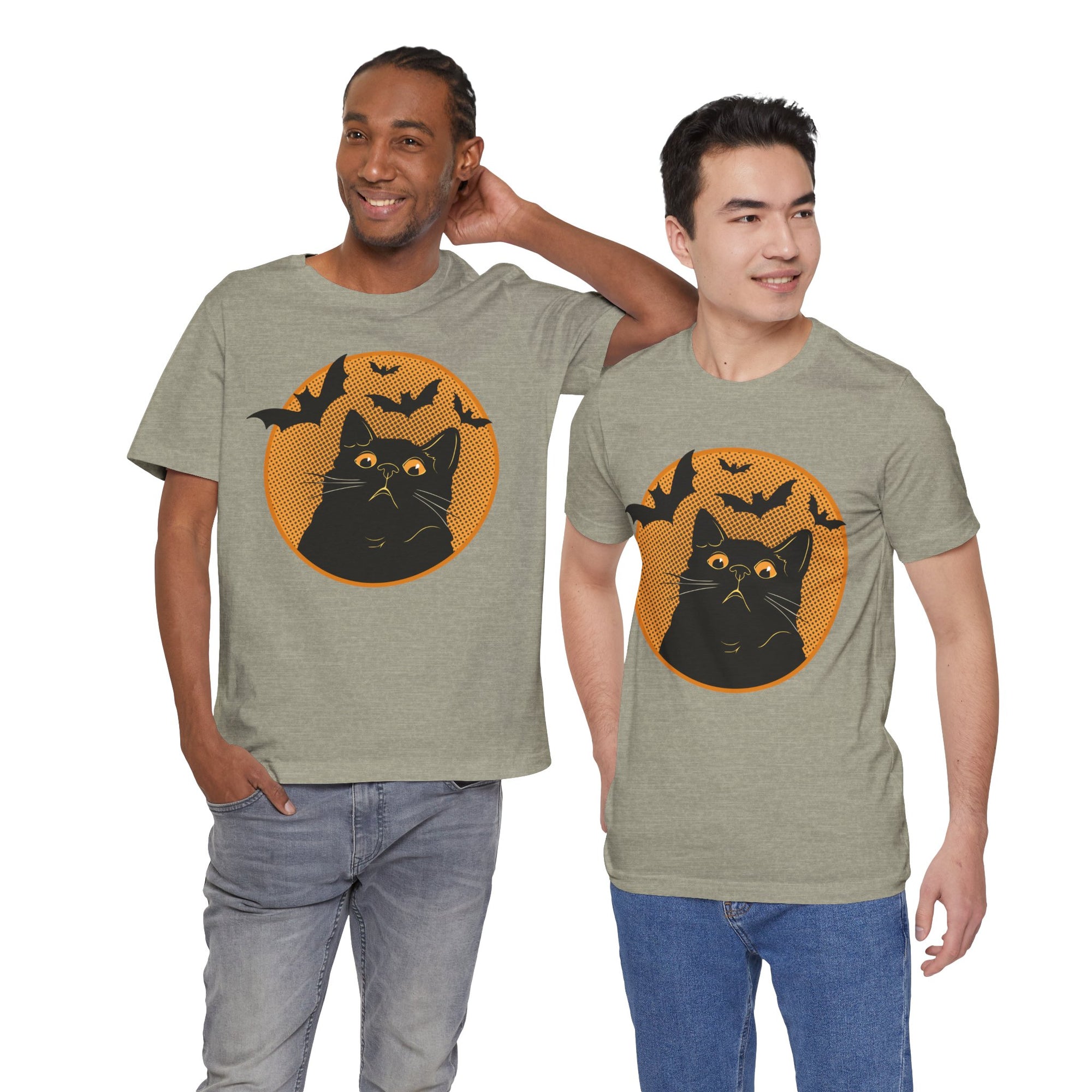 Two men wearing t-shirts with a black cat and bats design on a white background