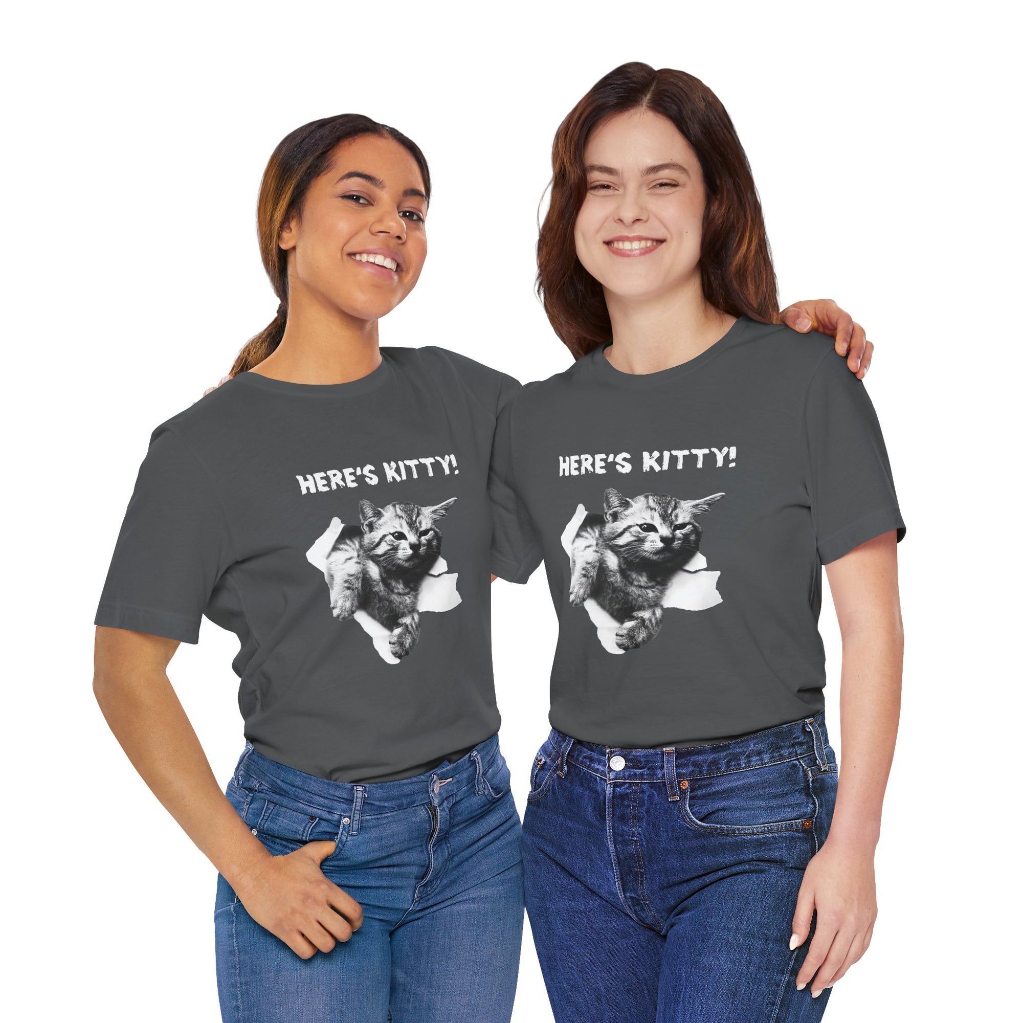 Two people wearing gray t-shirts with a cat graphic and 'Here's Kitty!' text.