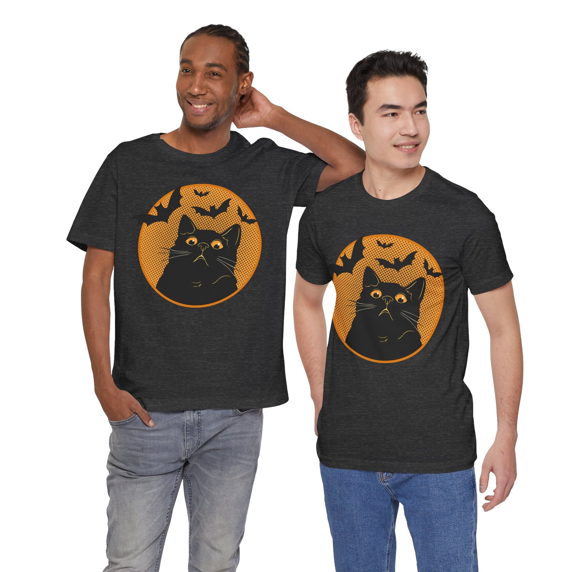 Two men wearing black t-shirts with a Halloween design of a black cat and bats.