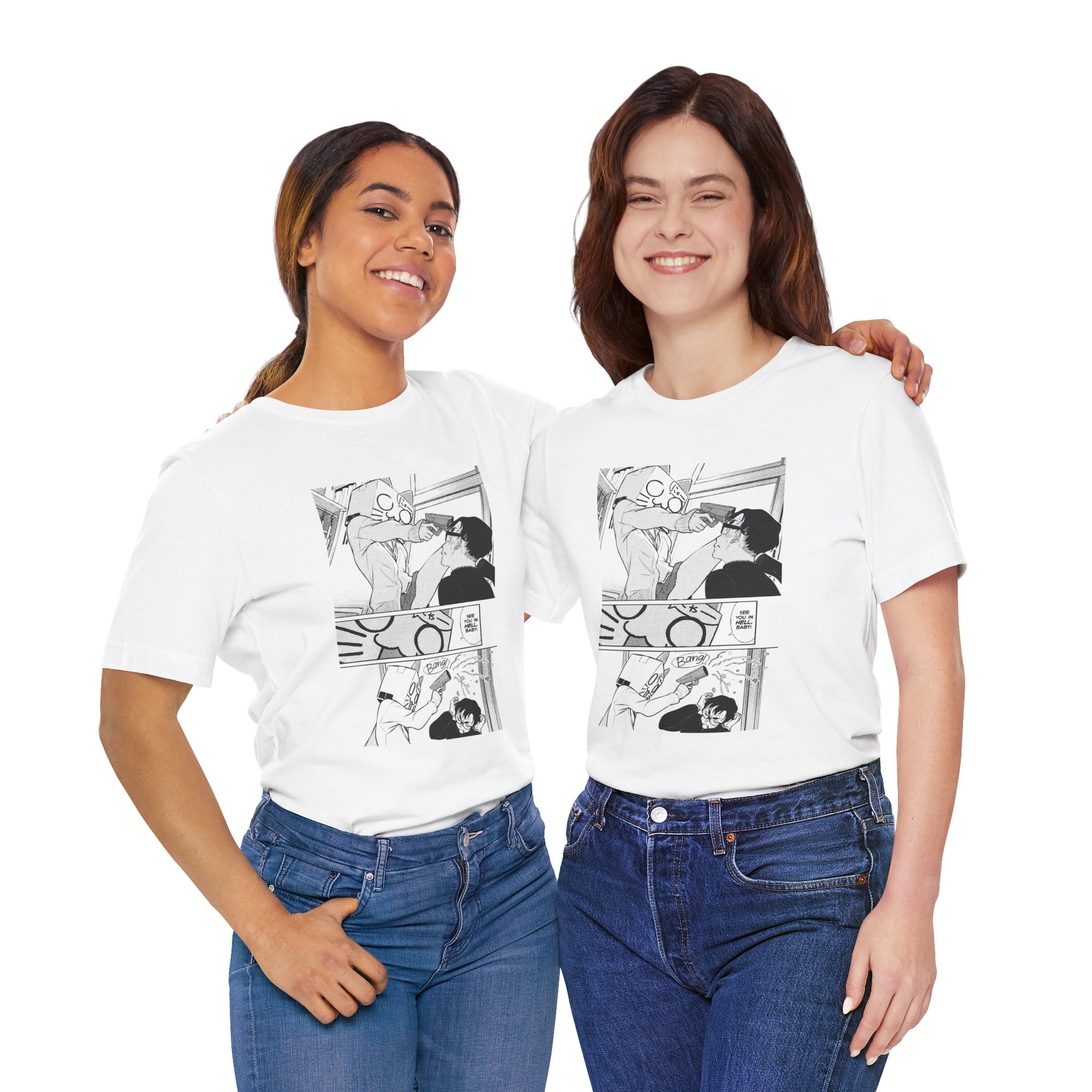 Two women wearing white t-shirts with black and white graphic designs, standing side by side on a white background.