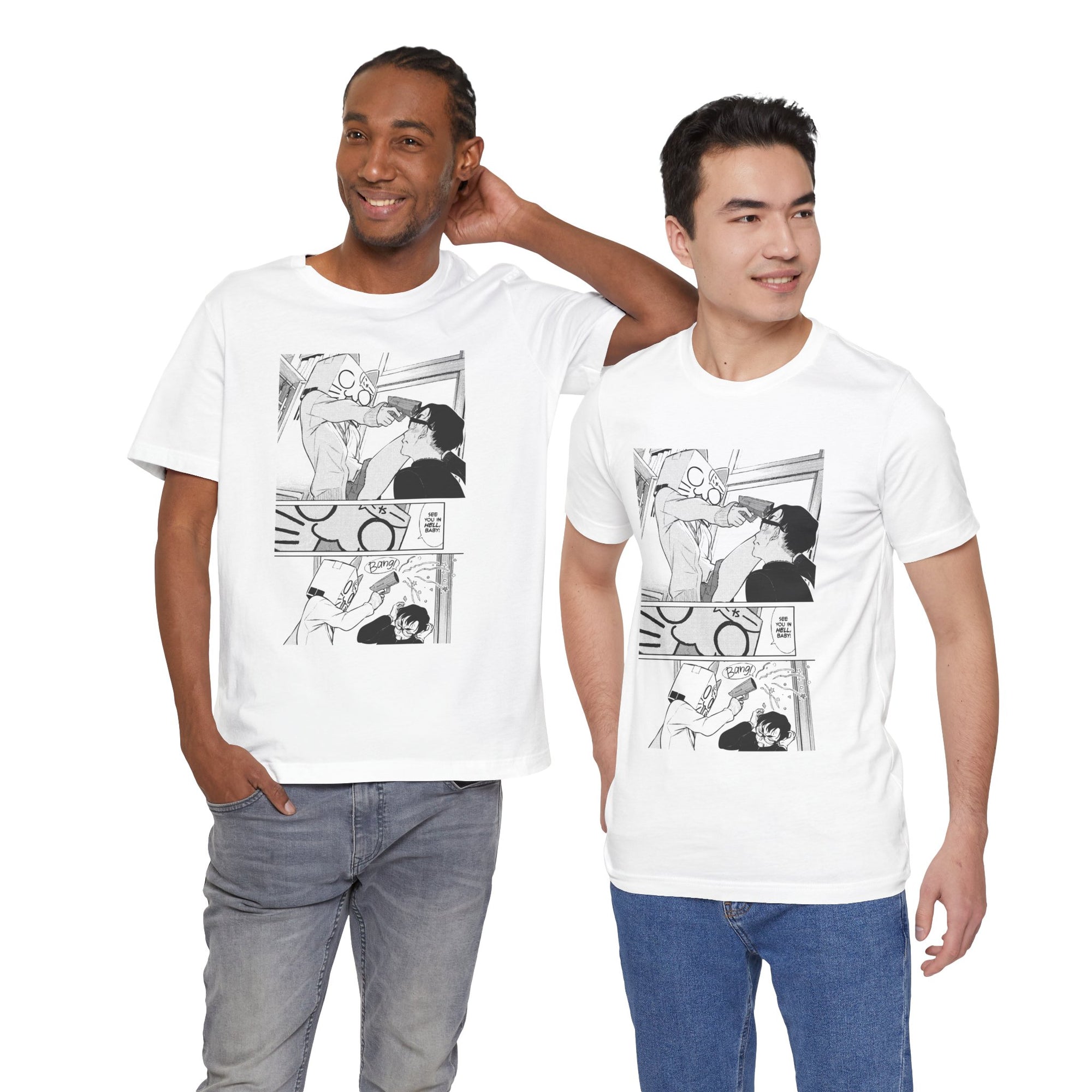 Two men wearing white t-shirts with comic book-style graphics on a white background