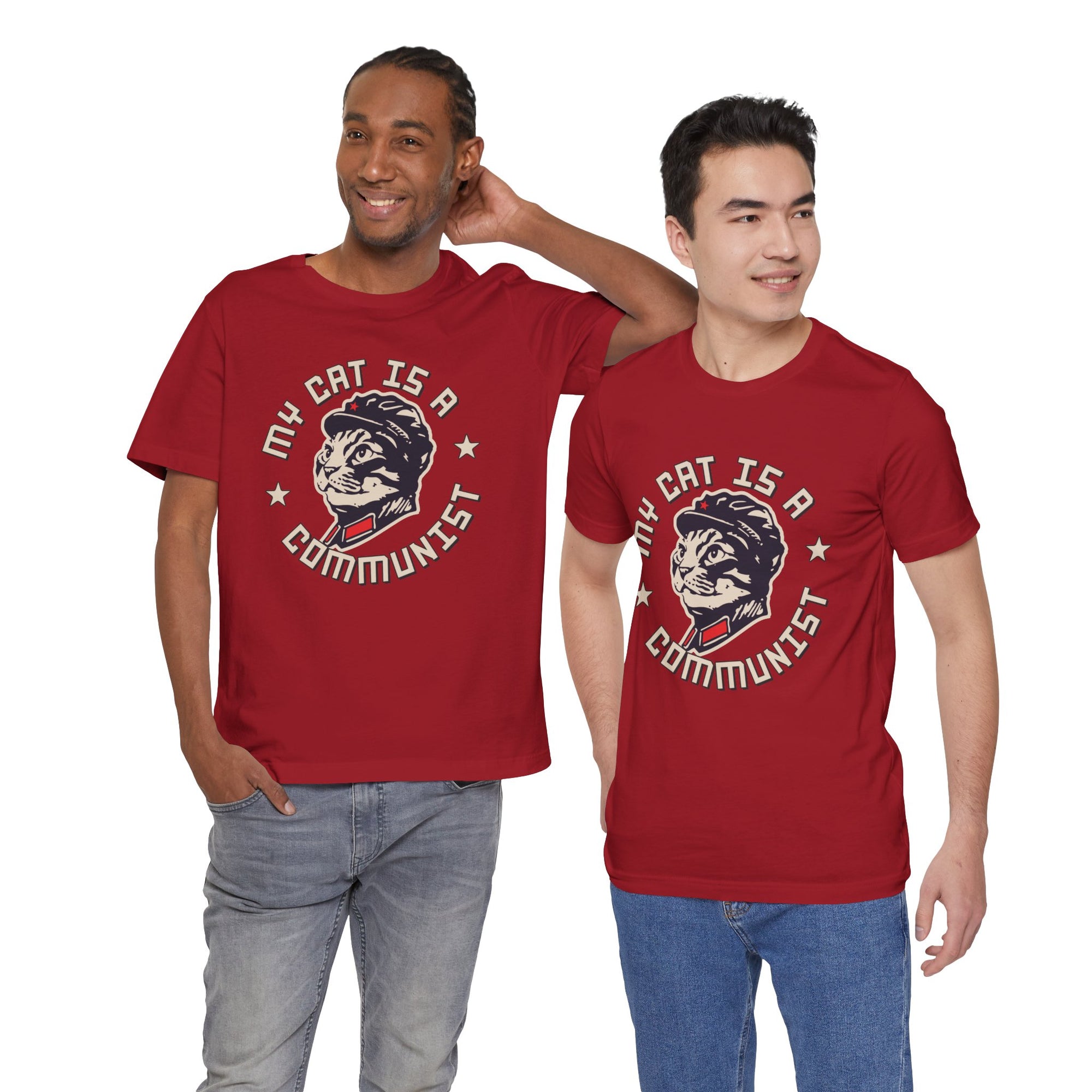 Two men wearing red t-shirts with a graphic design and text on a white background