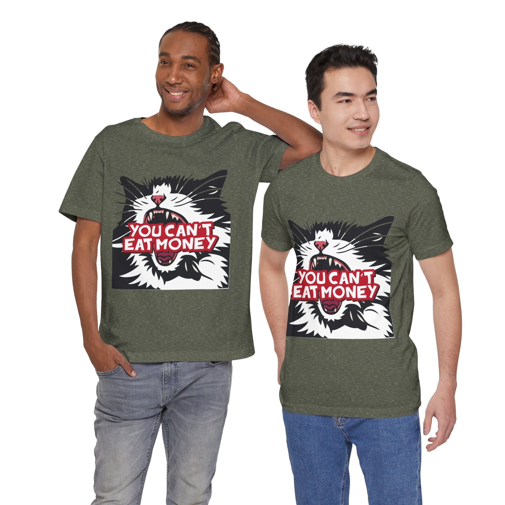 Two men wearing green t-shirts with a graphic of a cat and text, standing side by side against a white background.