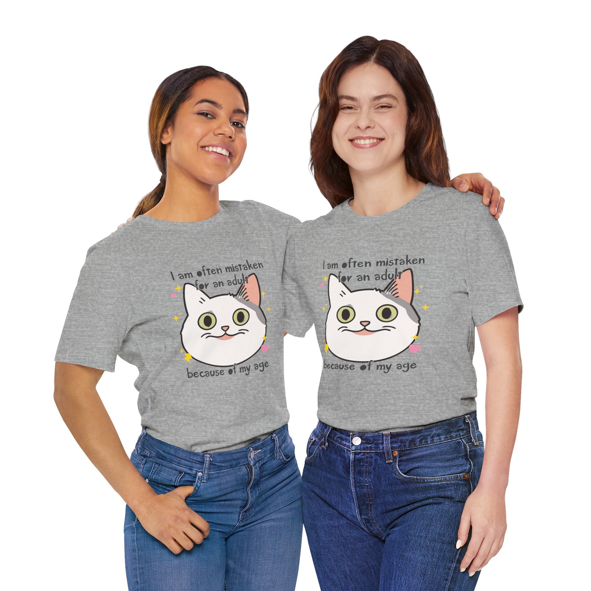 Two people wearing gray t-shirts with a cat graphic and text.