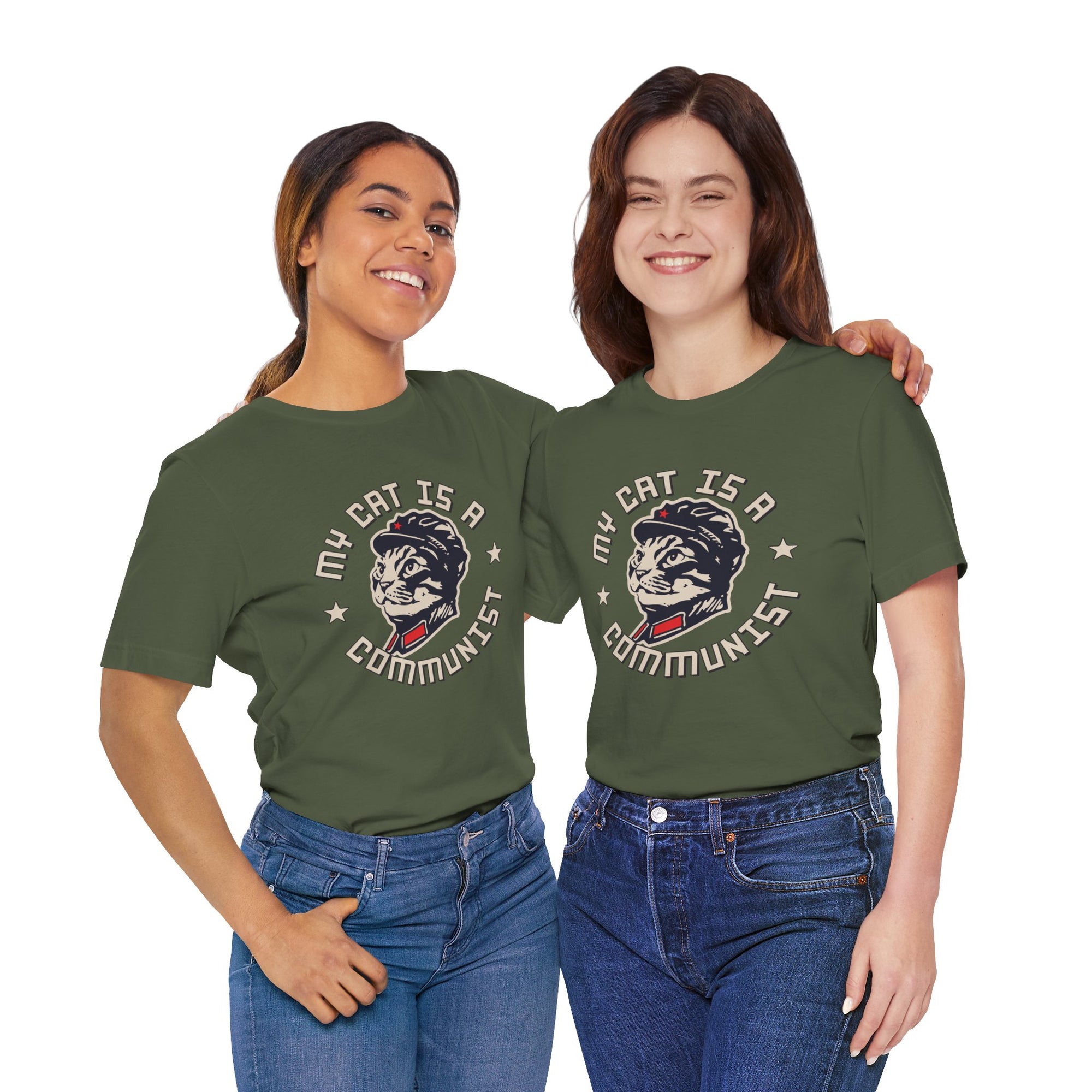 Two people wearing green t-shirts with a graphic design of Cupid and text.