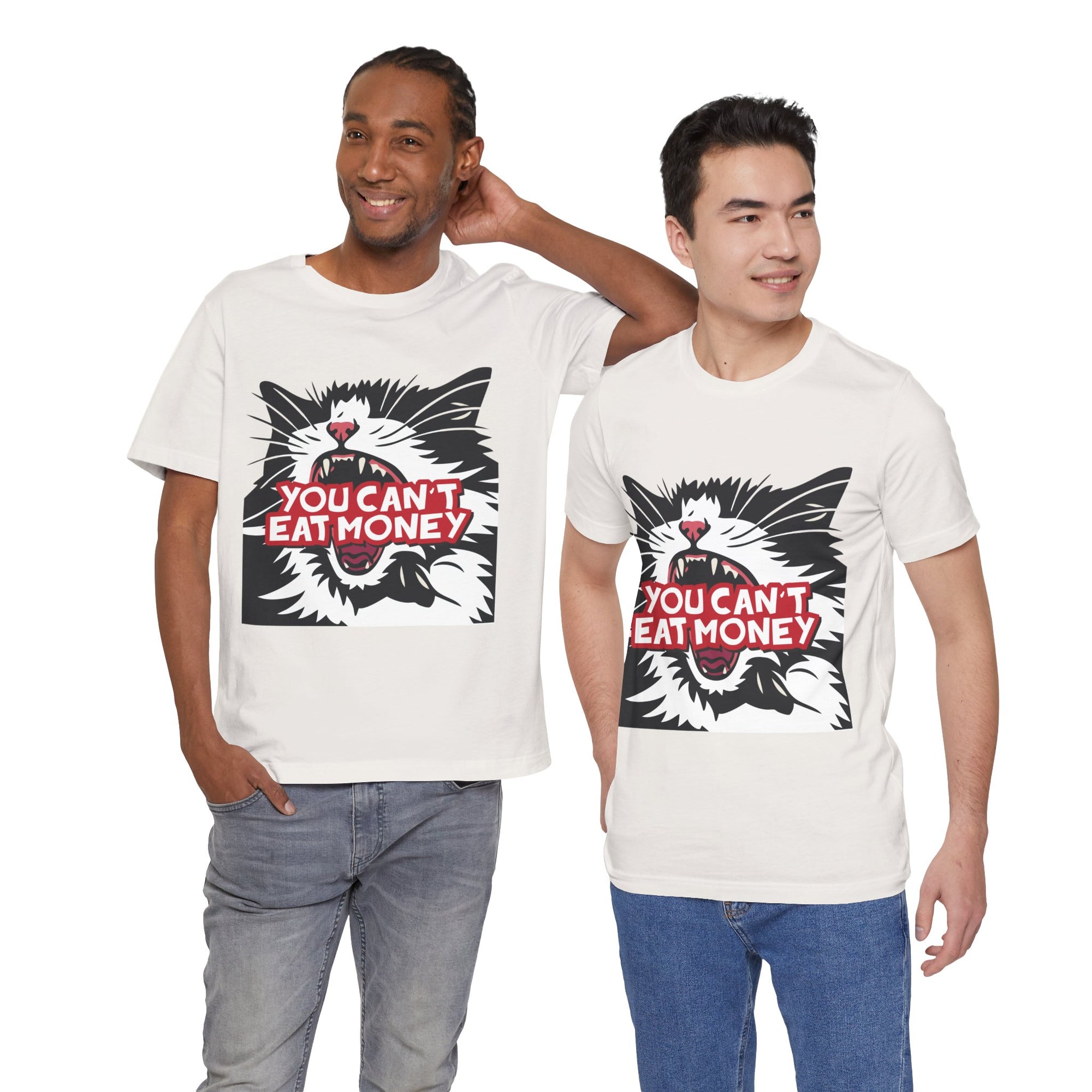Two men wearing t-shirts with a graphic of a cat and text on a white background
