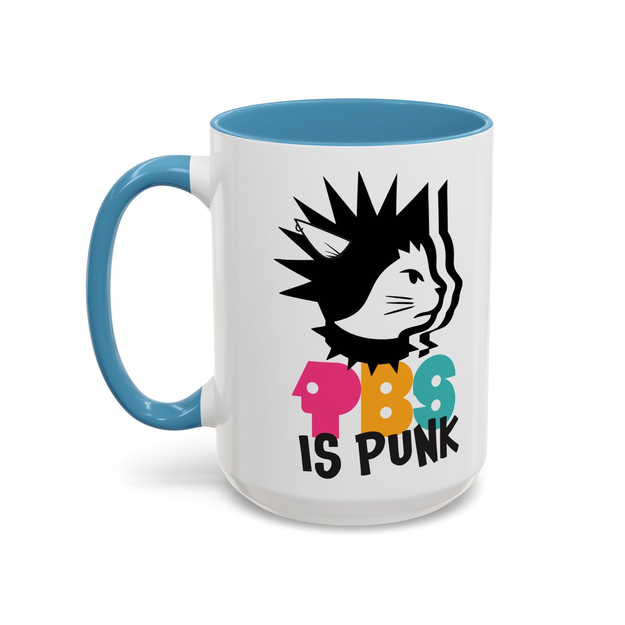 Mug with a graphic design and text on a white background