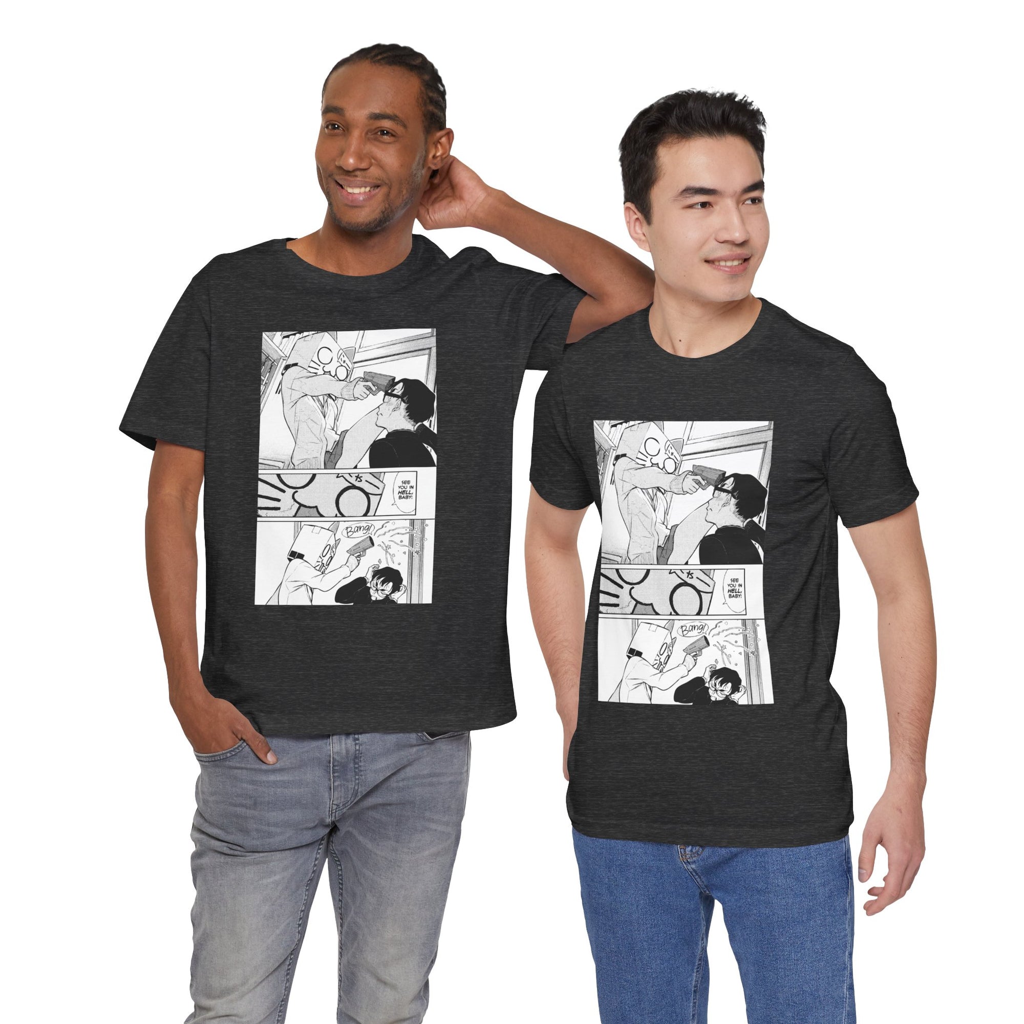 Two men wearing black t-shirts with comic book-style graphics on a white background