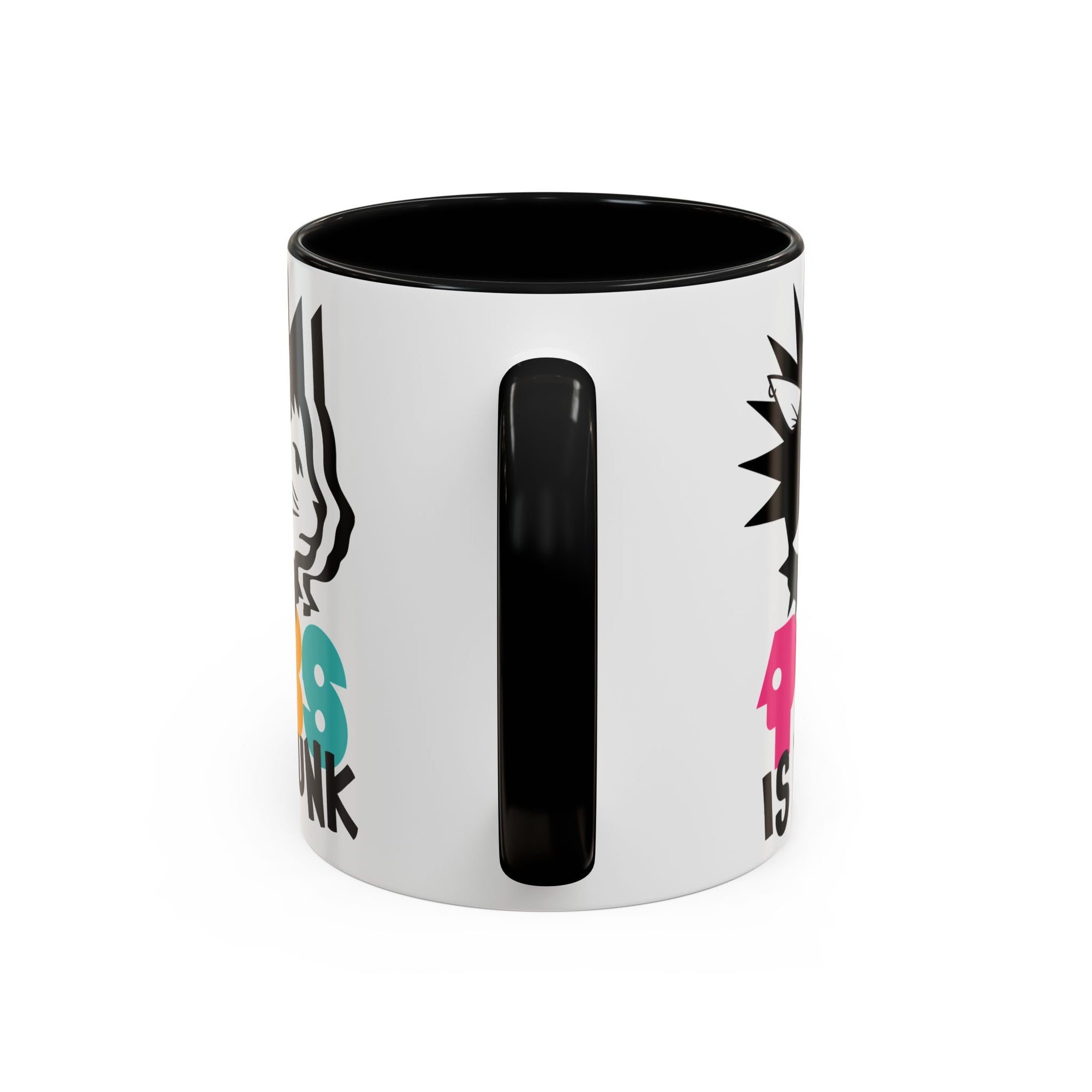 White mug with black interior and handle, featuring colorful text and graphics on a white background