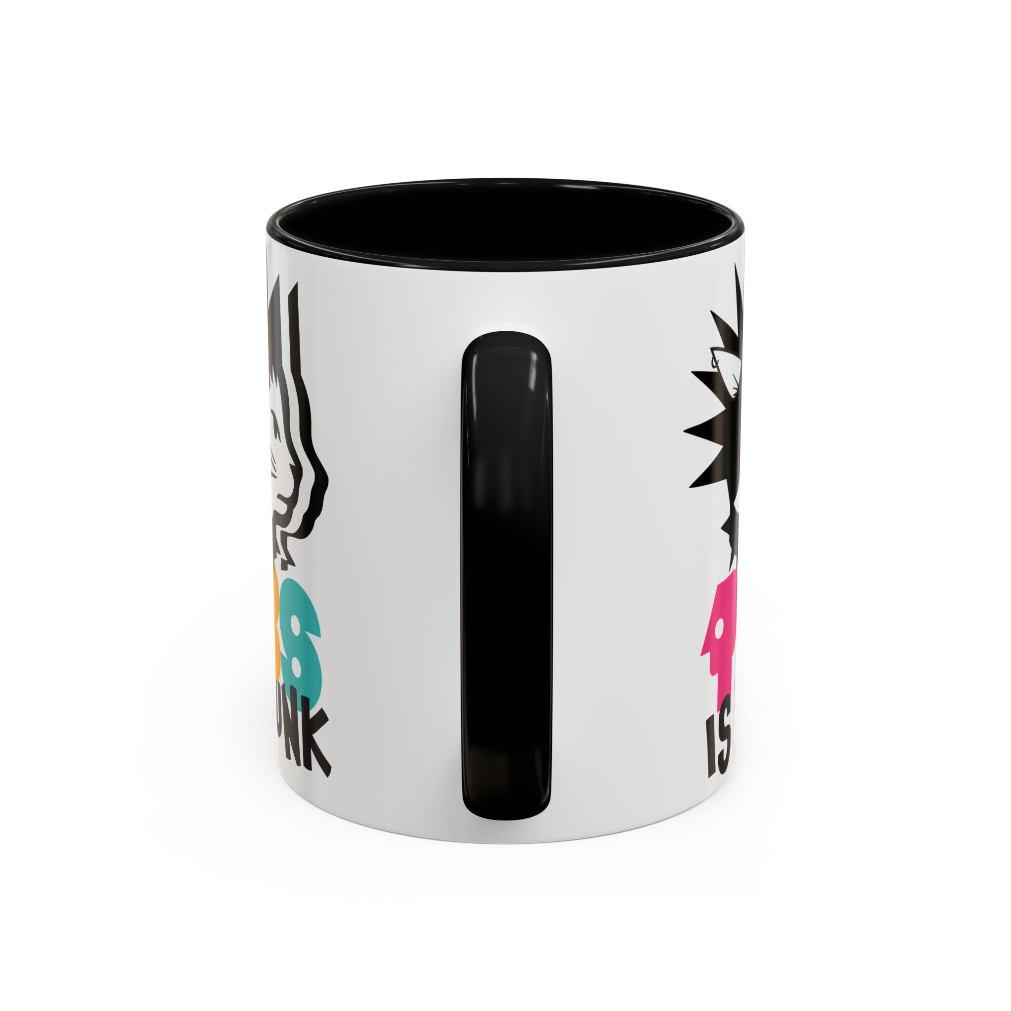 White mug with black interior and handle, featuring colorful text and graphics on a white background