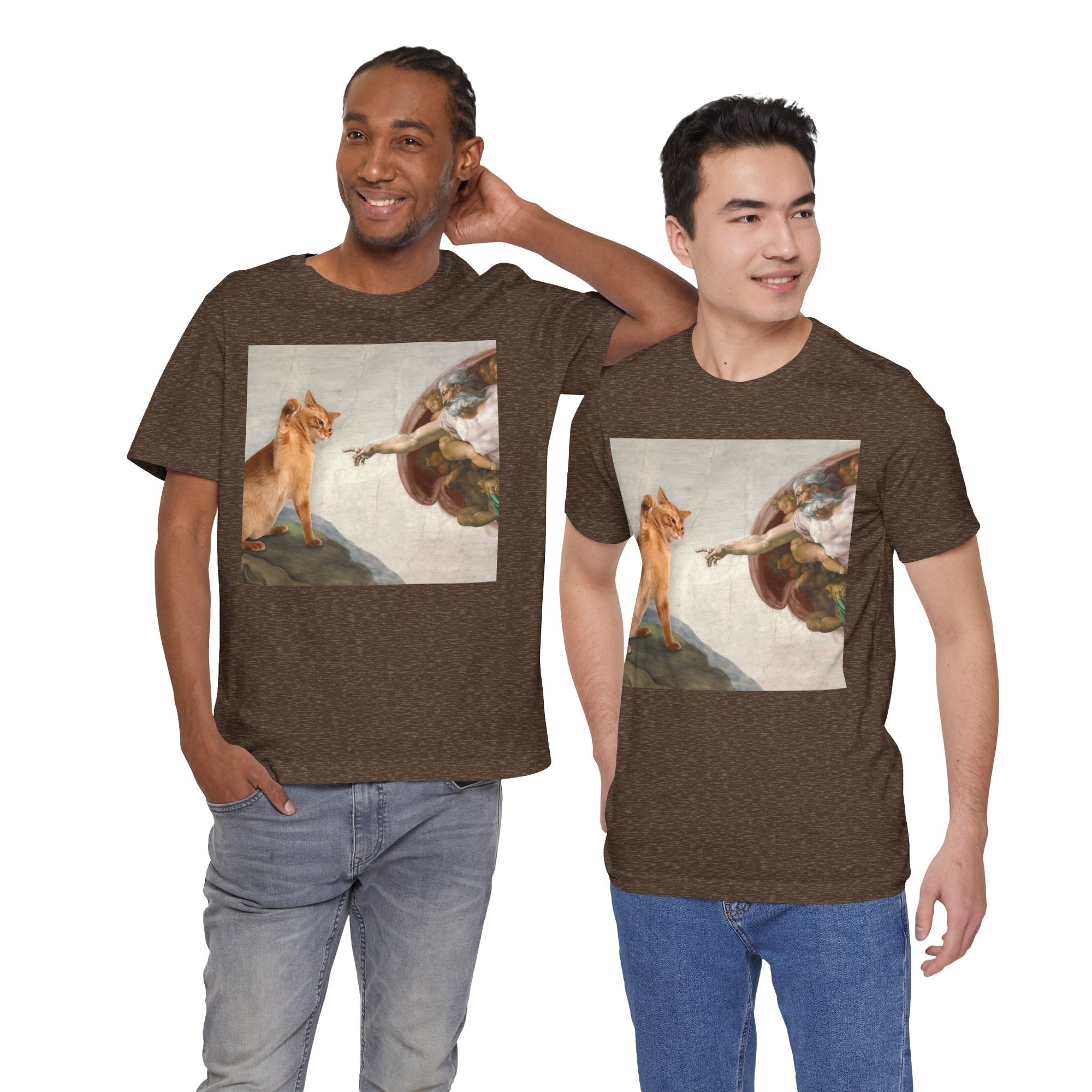 Two men wearing brown t-shirts with a graphic design of a lion and a classical painting.