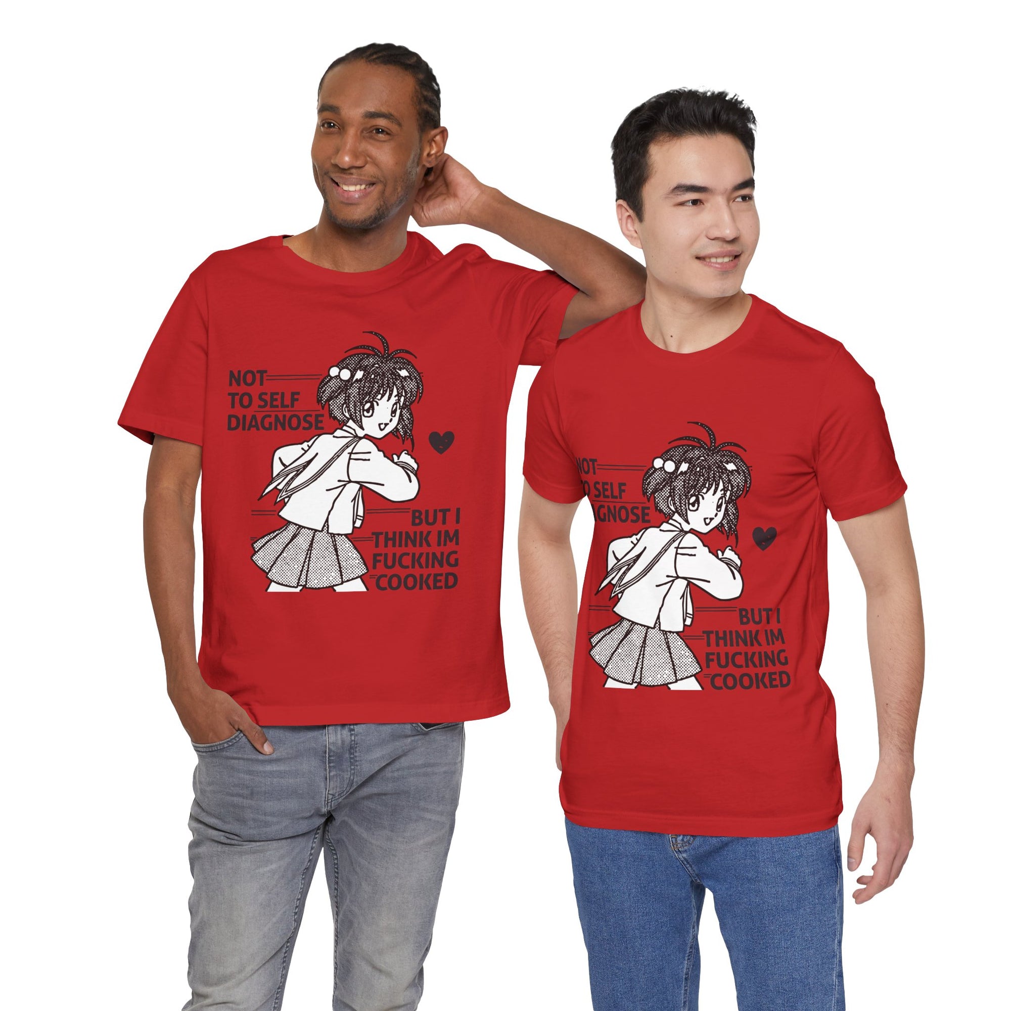 Two people wearing red t-shirts with a graphic design and text.