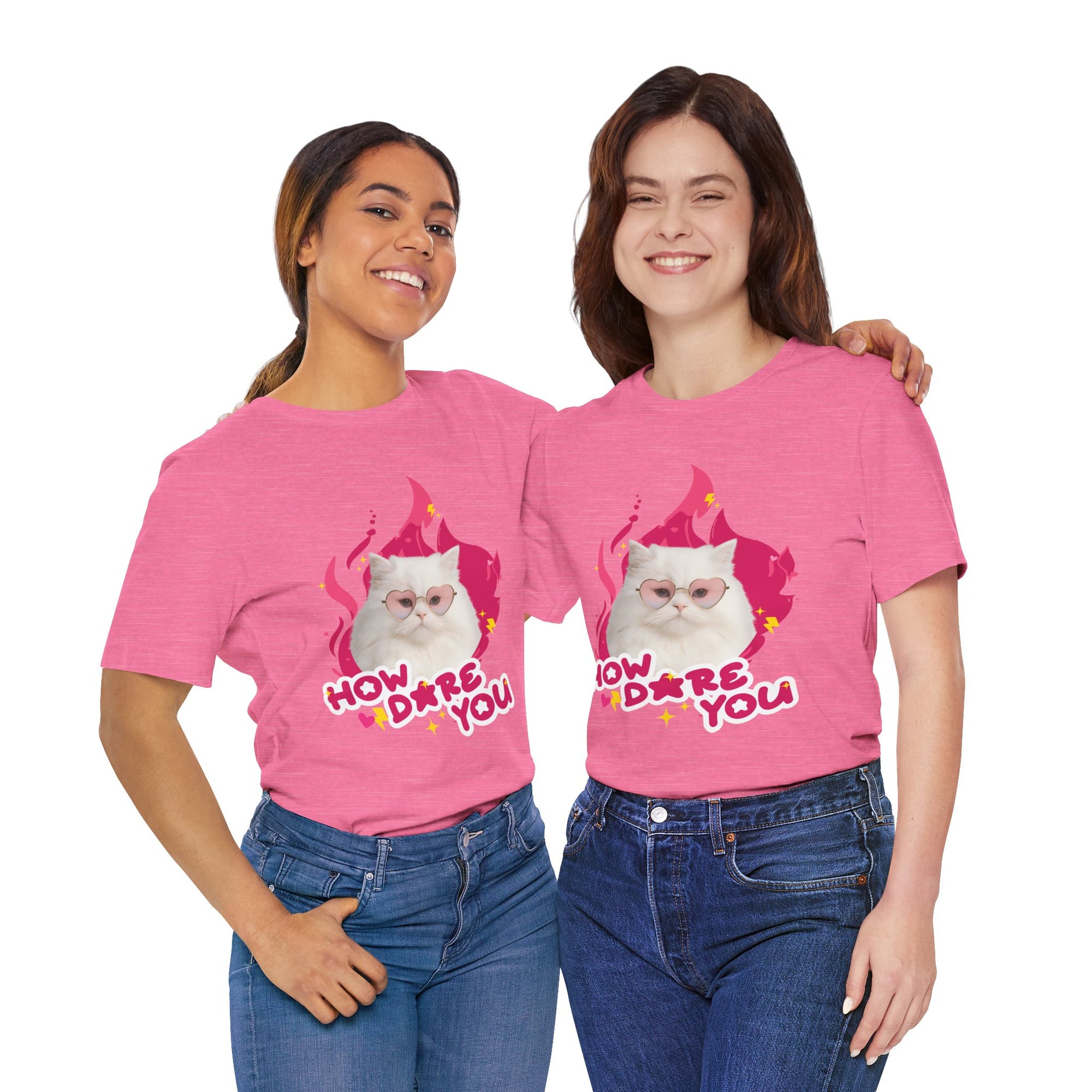 Two people wearing pink t-shirts with a cat graphic and text on a white background
