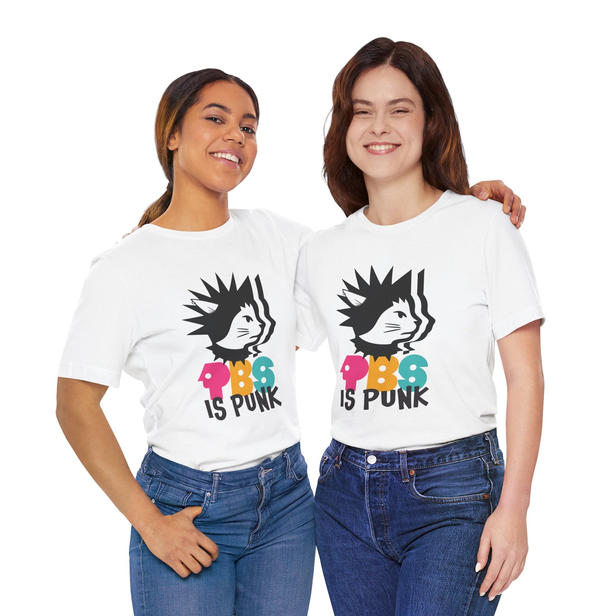 Two people wearing white t-shirt featuring a punk-style black cat graphic with colorful letters spelling “PBG” and black text that says “Is Punk.”

