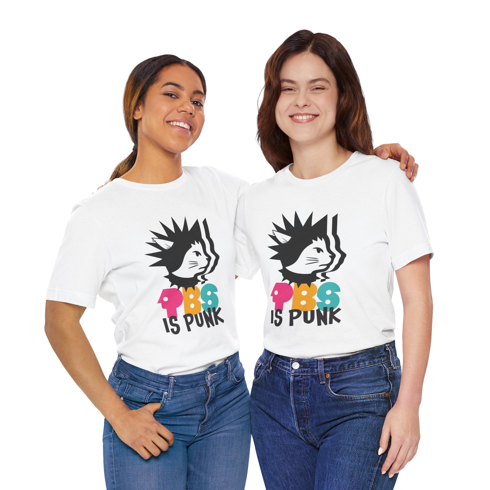 Two people wearing white t-shirt featuring a punk-style black cat graphic with colorful letters spelling “PBG” and black text that says “Is Punk.”
