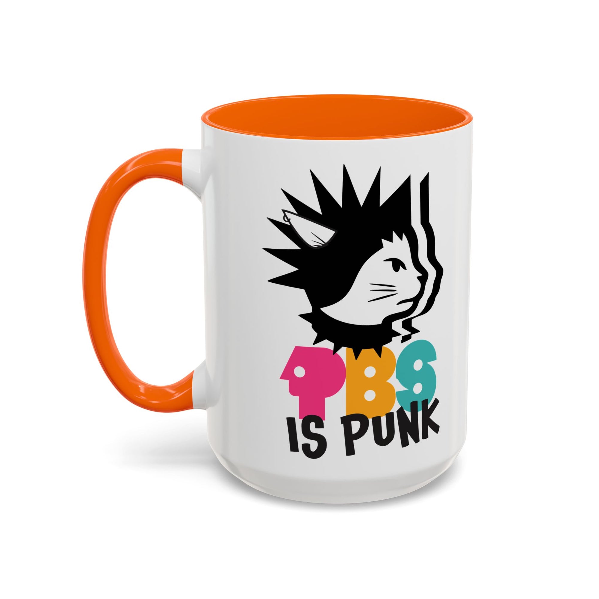 Mug with orange handle and colorful design on a white background