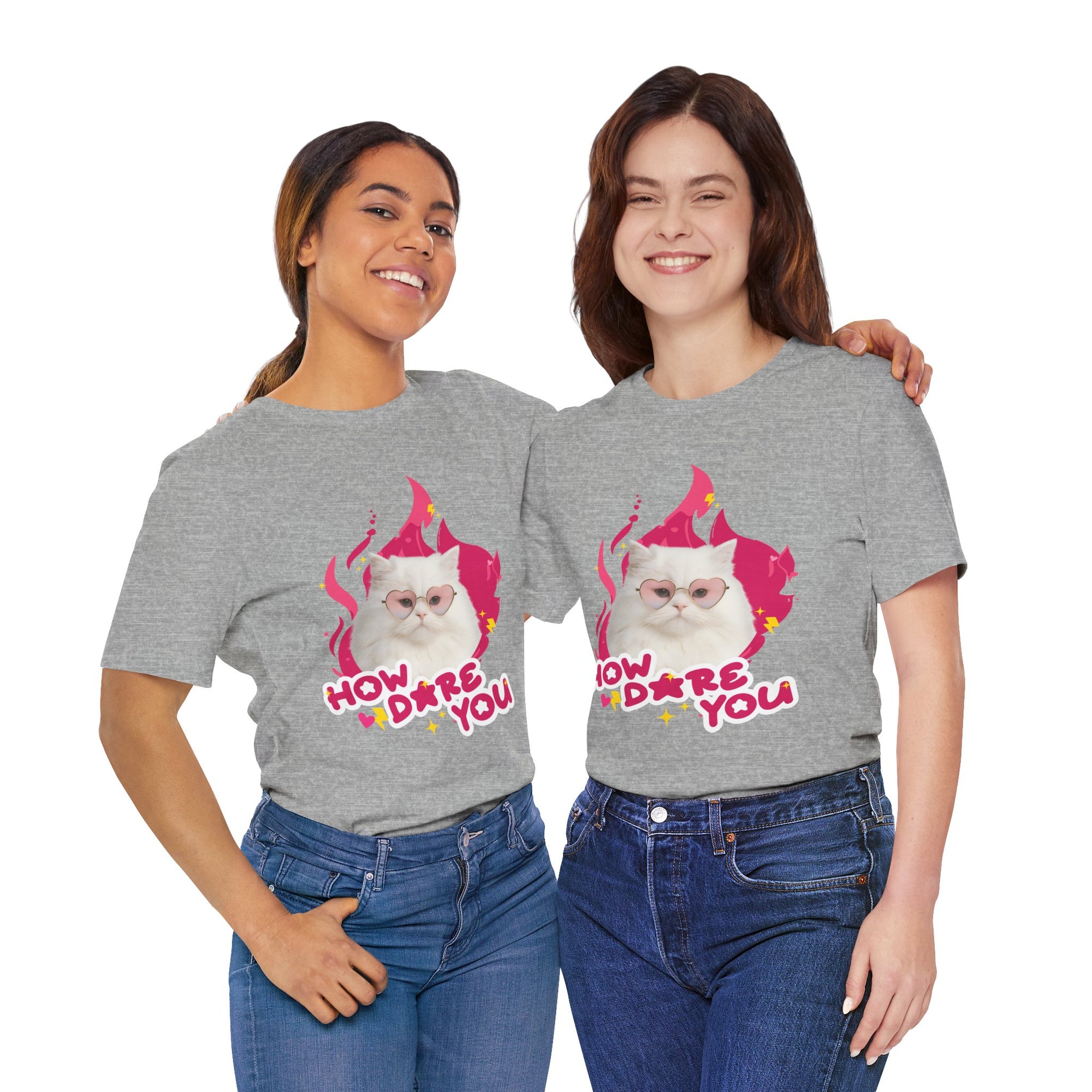 Two women wearing gray t-shirts with a cat graphic and text on a white background