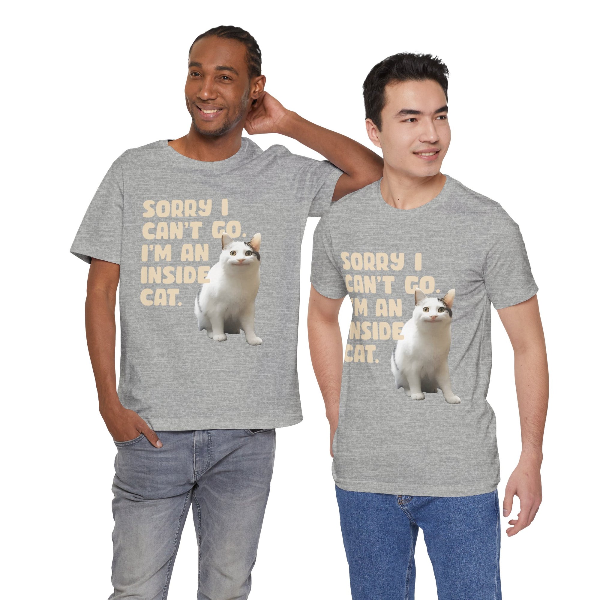 Two men wearing gray t-shirts with a cat graphic and text.