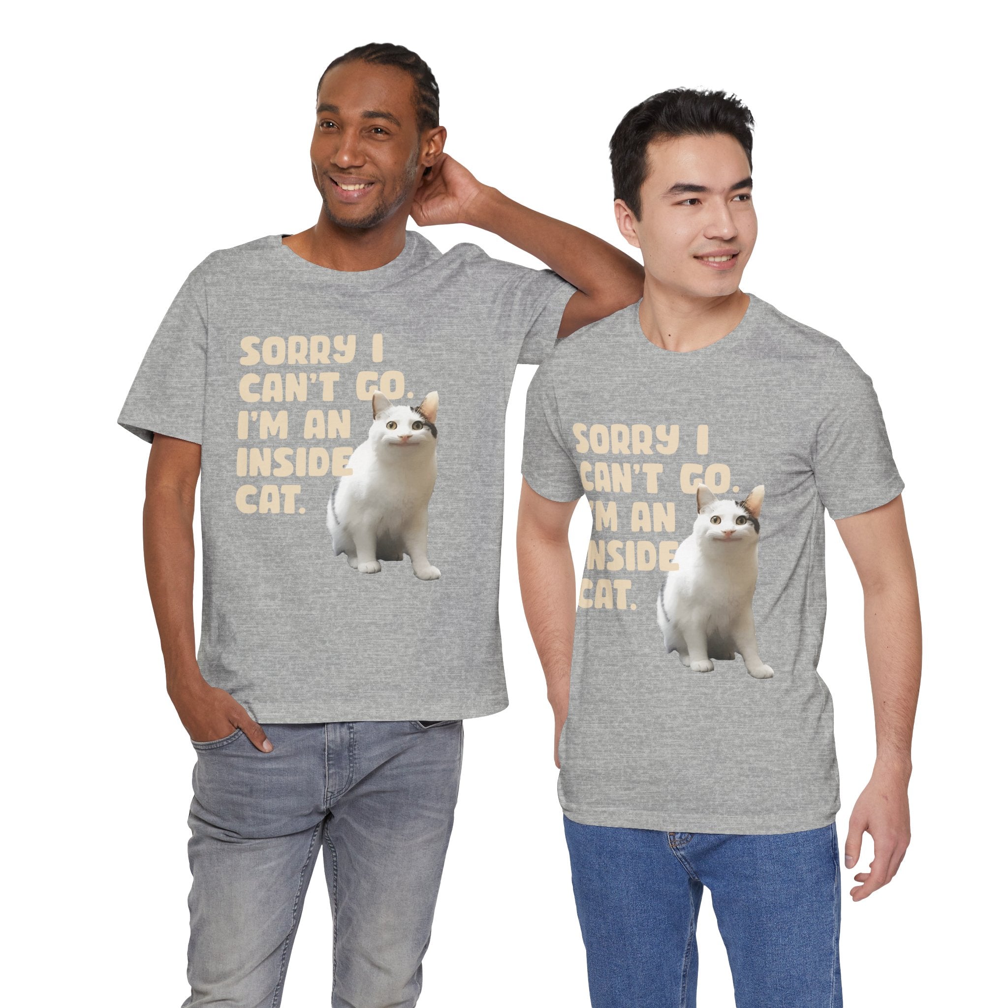 Two men wearing gray t-shirts with a cat graphic and text.