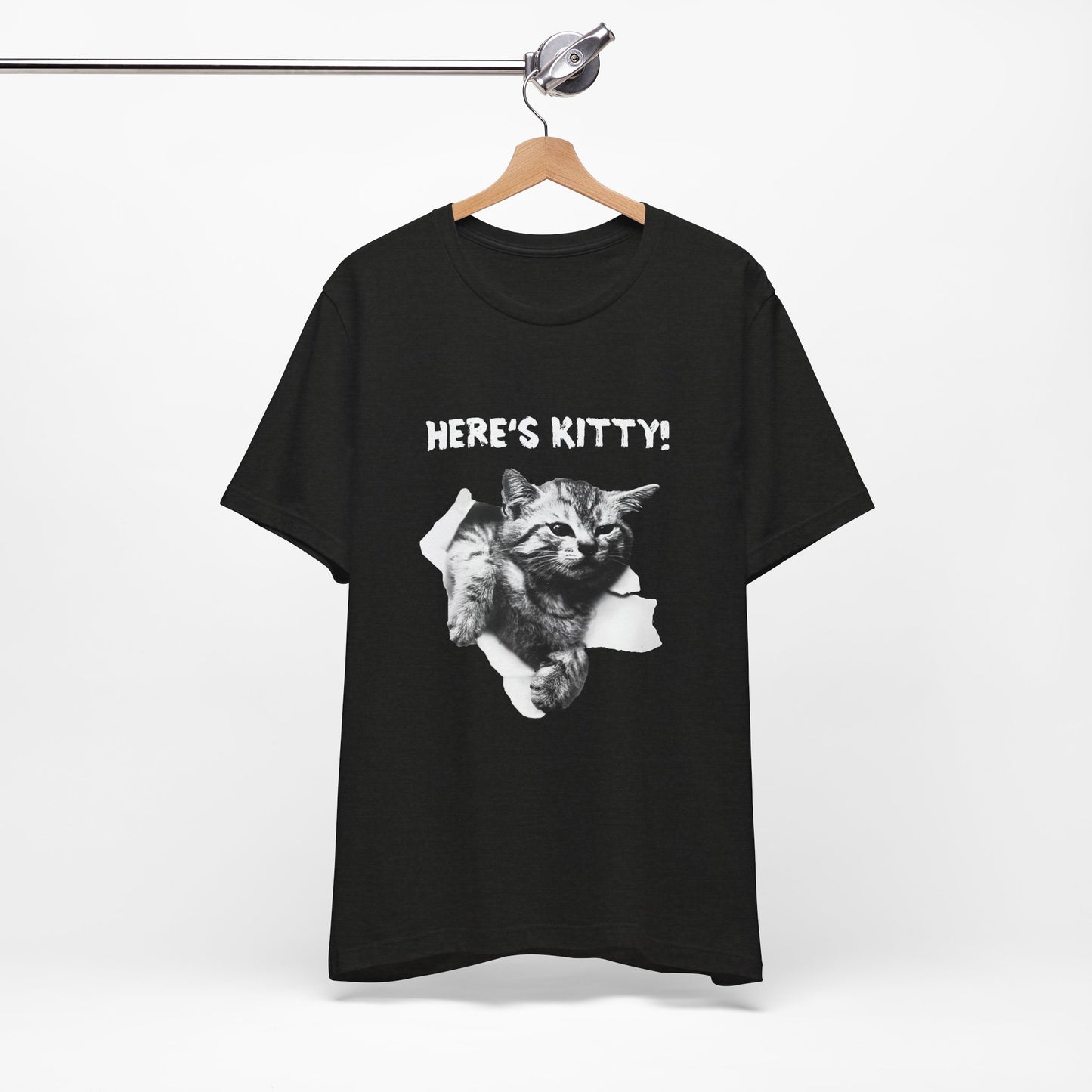 Black t-shirt with a graphic of a cat and 'HERE'S KITTY!' text on a white background
