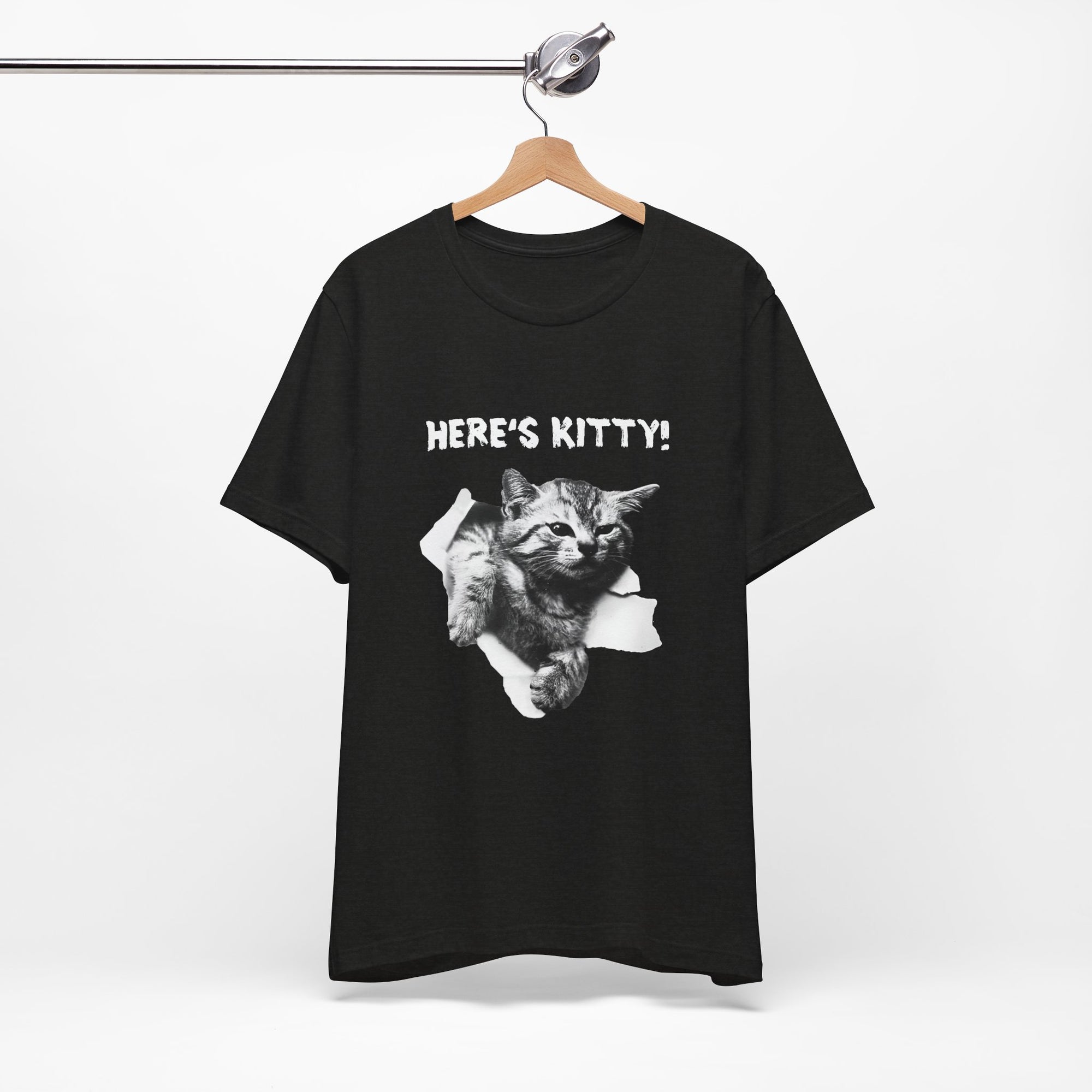 Black t-shirt with a graphic of a cat and 'HERE'S KITTY!' text on a white background
