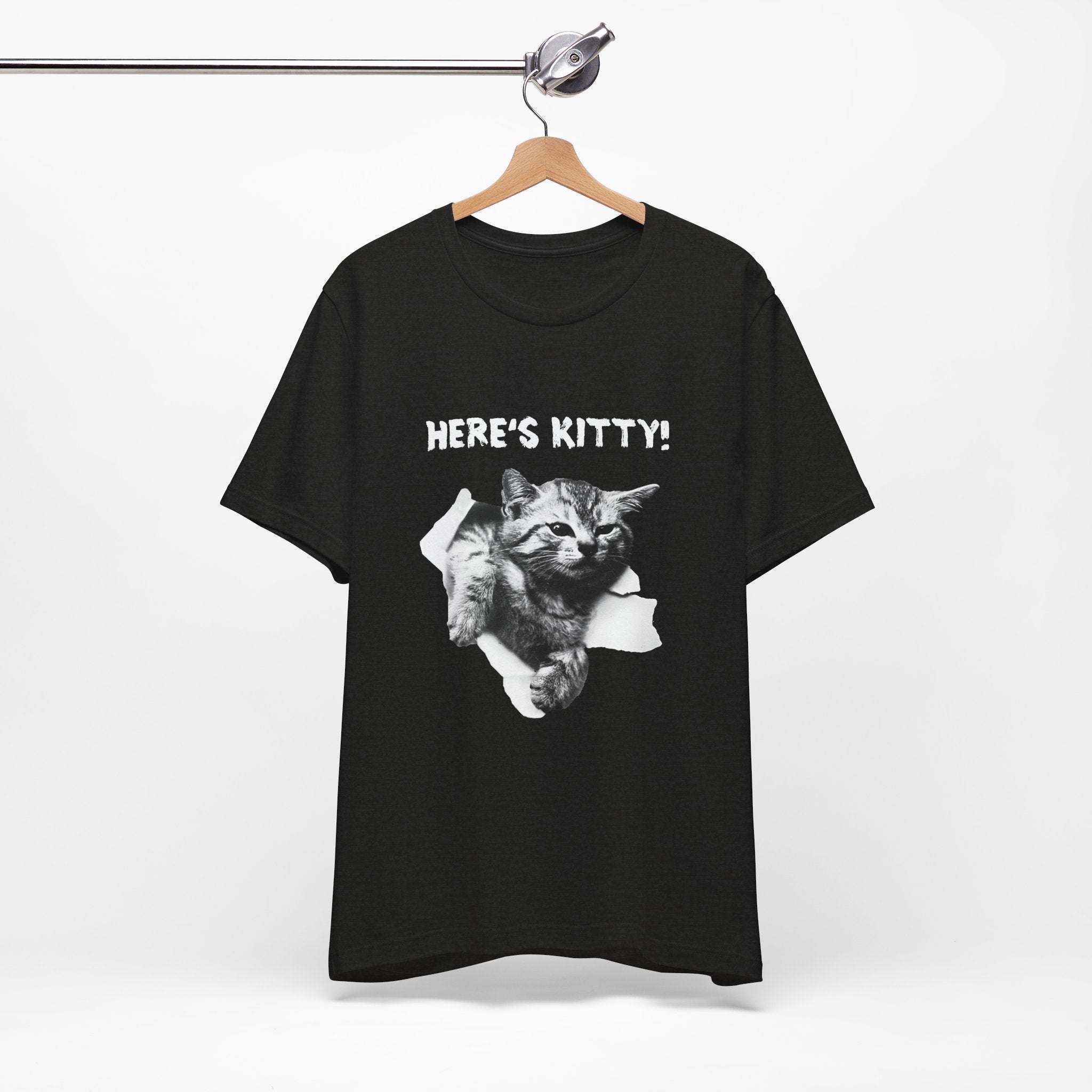 Black t-shirt with a graphic of a cat and 'HERE'S KITTY!' text on a white background