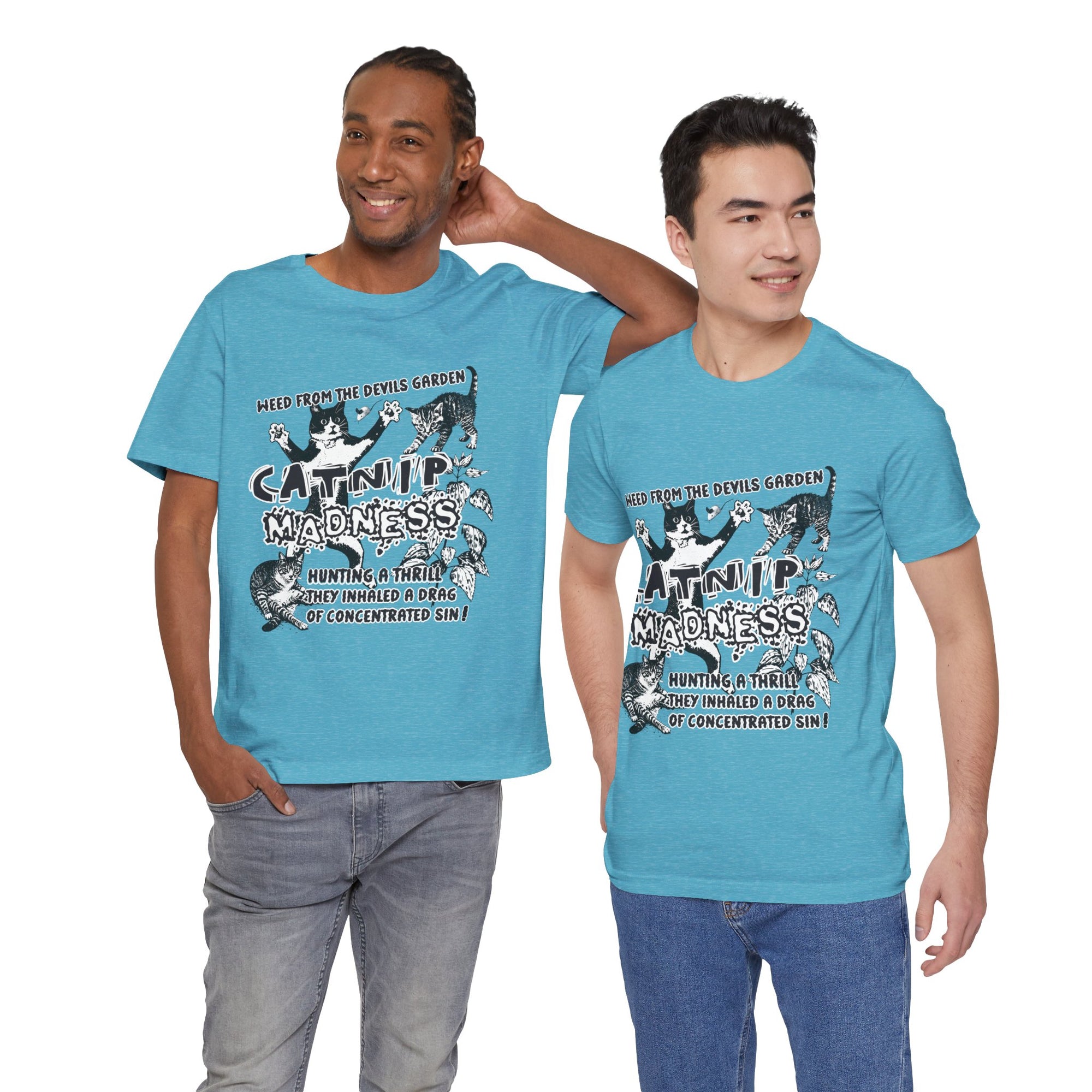 Two men wearing blue t-shirts with graphic designs and text.