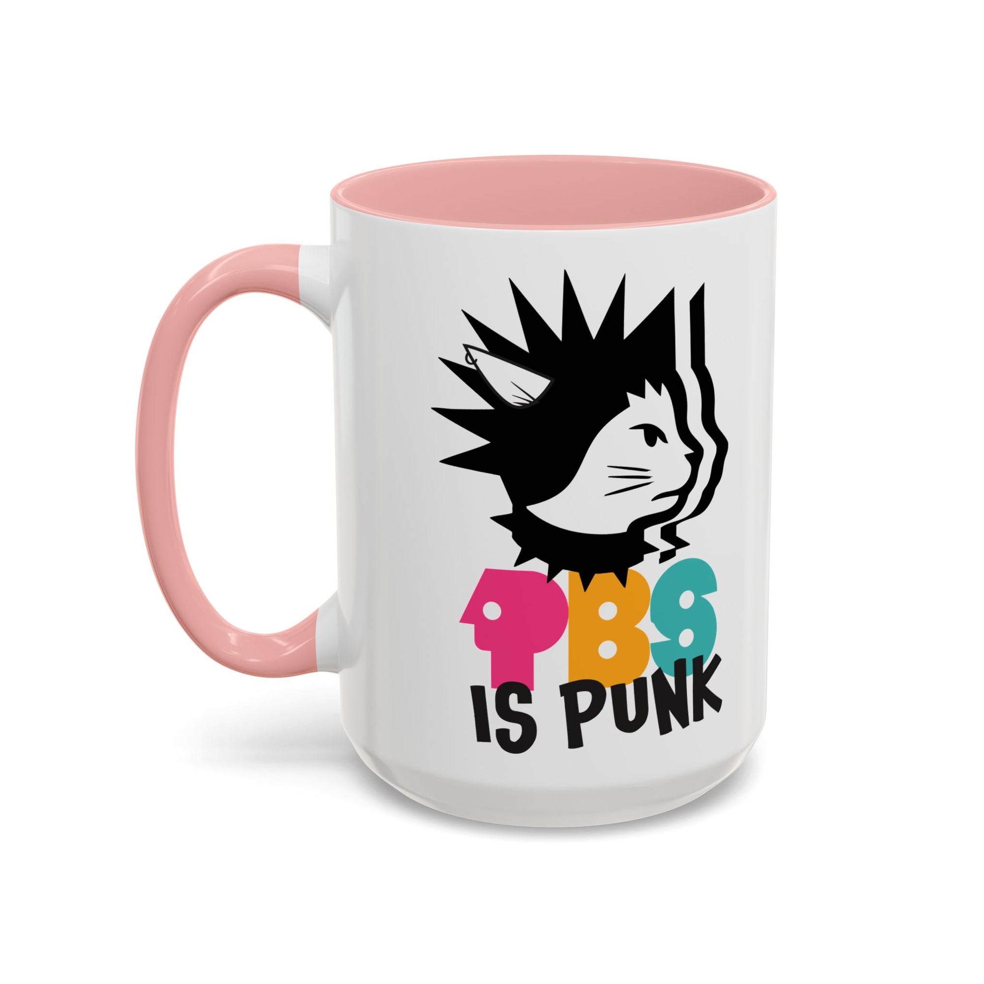 Mug with pink handle and interior, featuring a graphic design and text on a white background