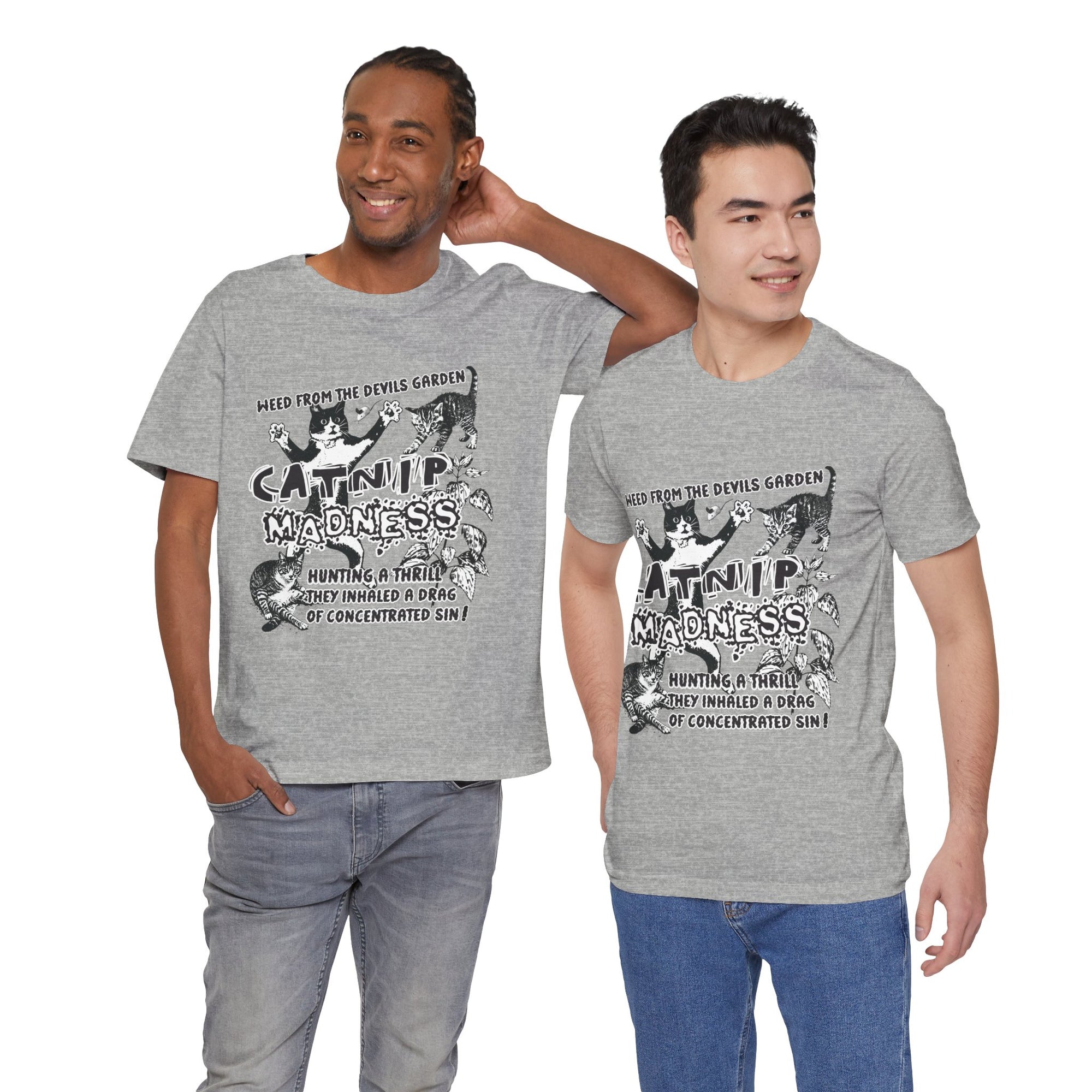 Two men wearing gray t-shirts with a tree design and text on a white background