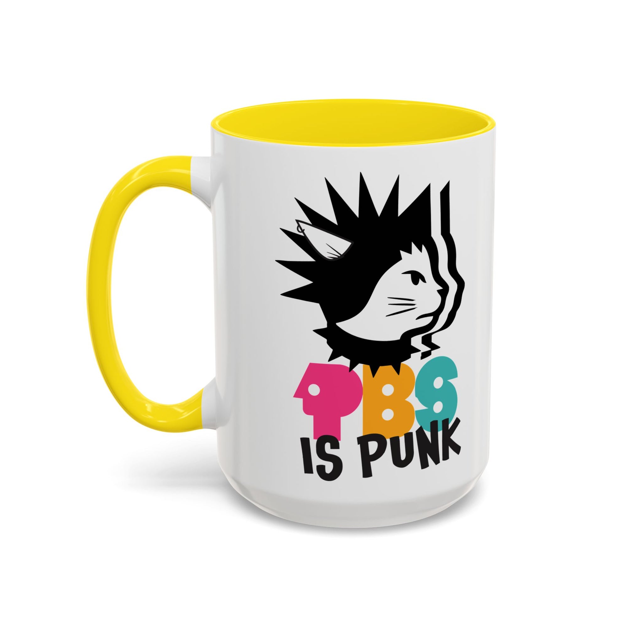 Mug with yellow handle and colorful design on a white background