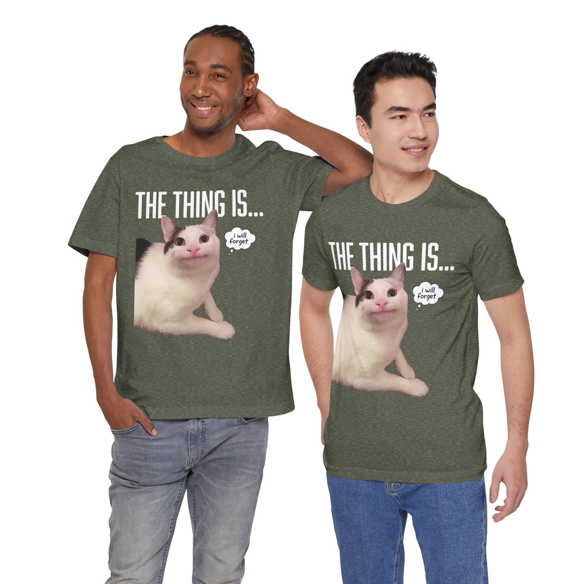 Two men wearing green t-shirts with a cat graphic and text.