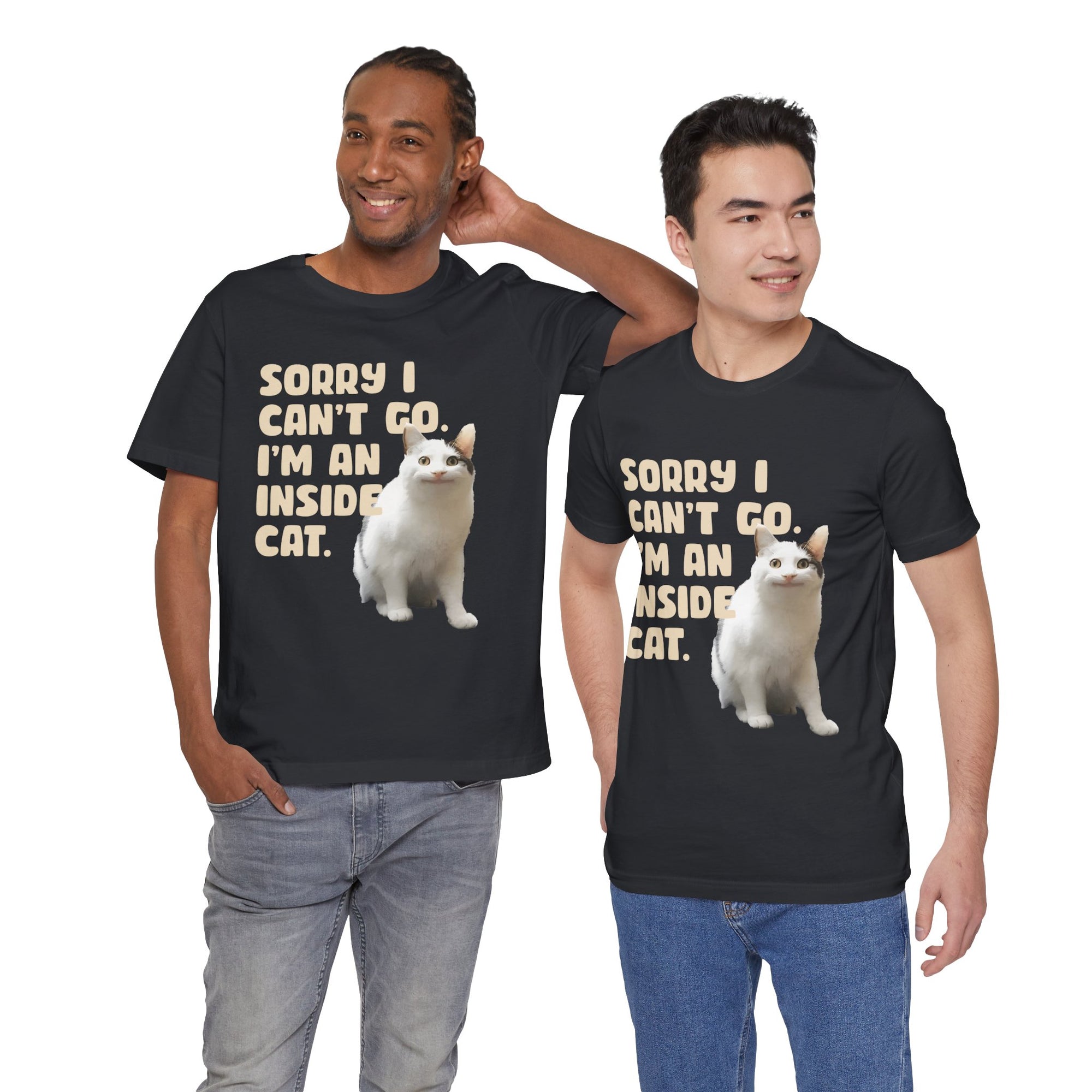 Two people wearing black t-shirts with a cat graphic and text.